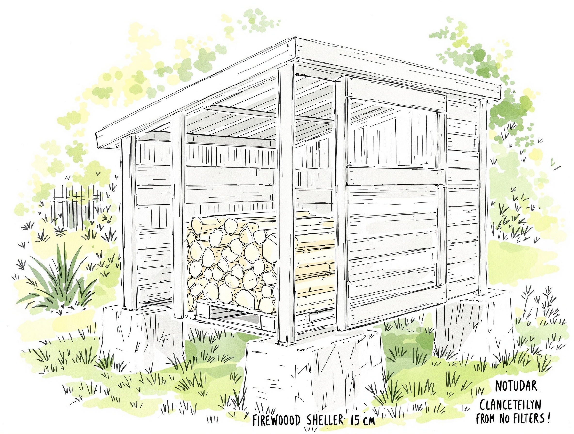 Schéma carnet : abri à bois surélevé, palette, côtés ouverts, toit en pente.
