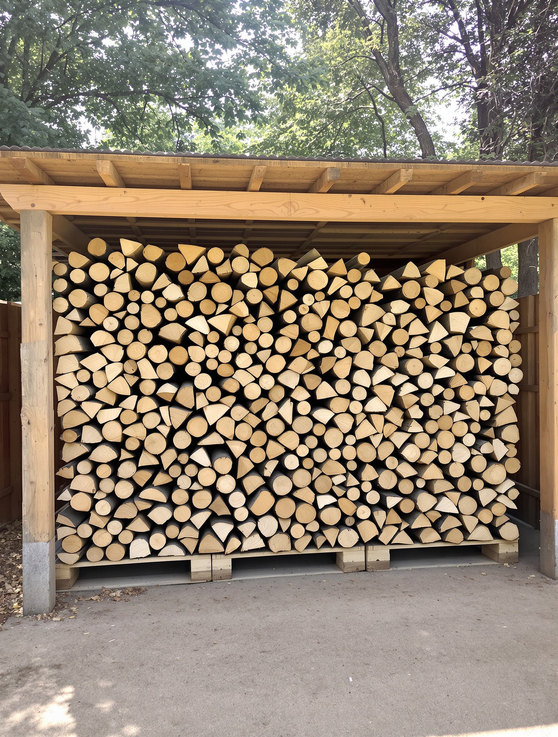 Abri extérieur pour bois de chauffage sur palette surélevée sous un auvent.