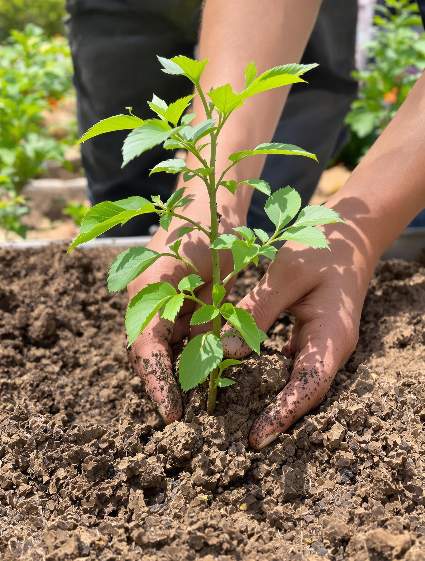 Plantation d’un jeune abricotier par des mains terreuses dans un potager maison