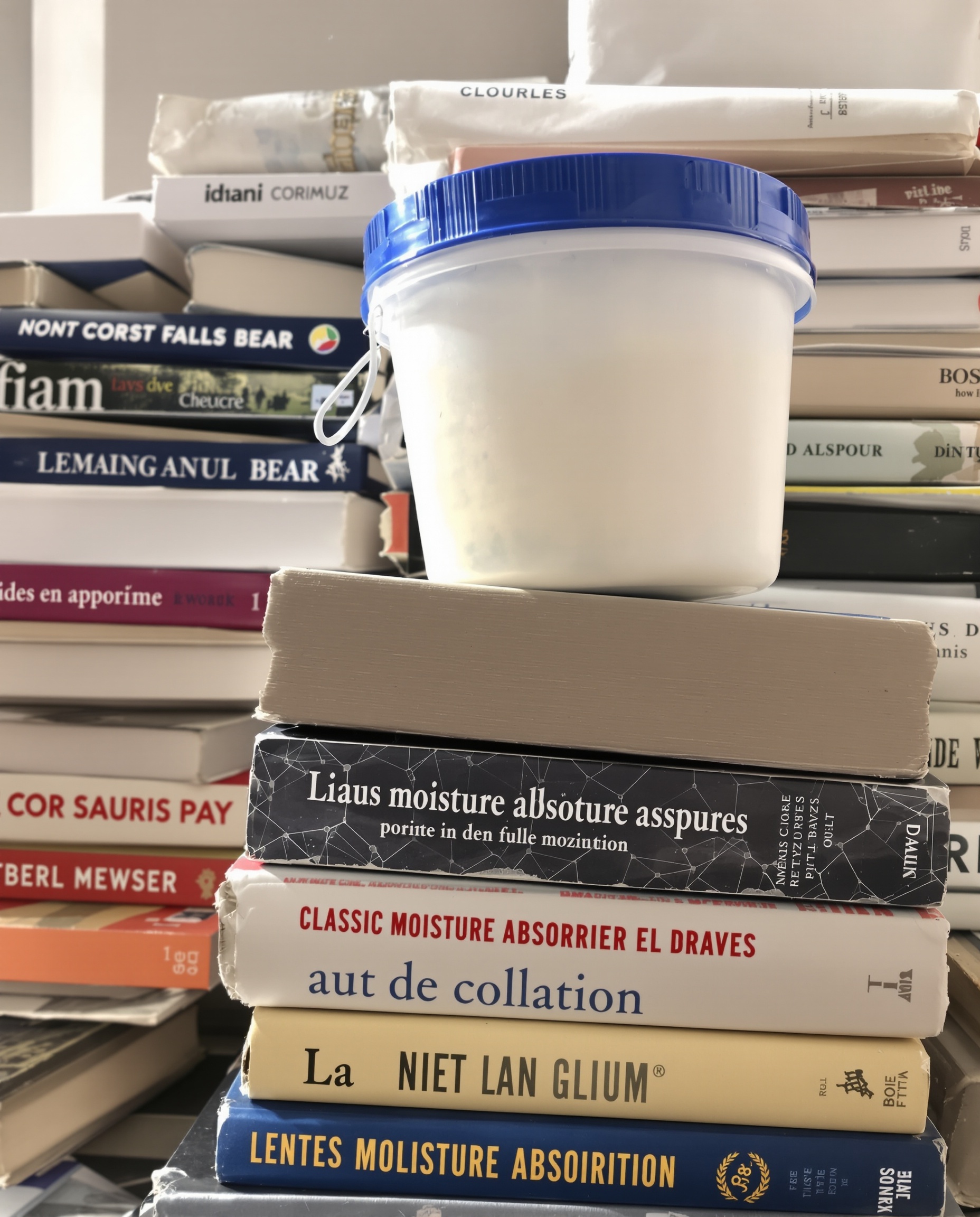 Absorbeur d'humidité chimique posé sur une pile de livres dans une position précaire.