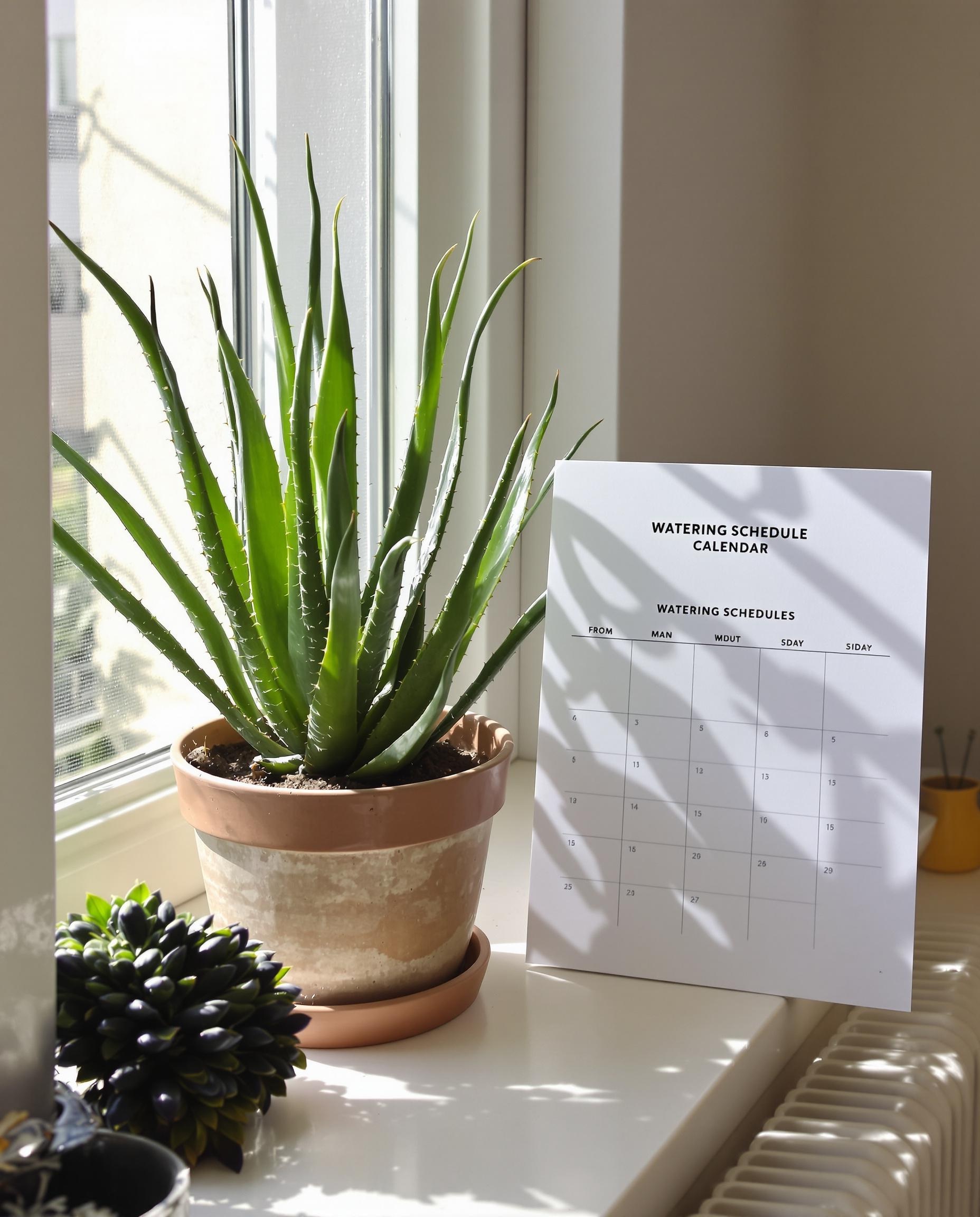 Aloe Vera calendrier d’arrosage sur un rebord de fenêtre lumineux