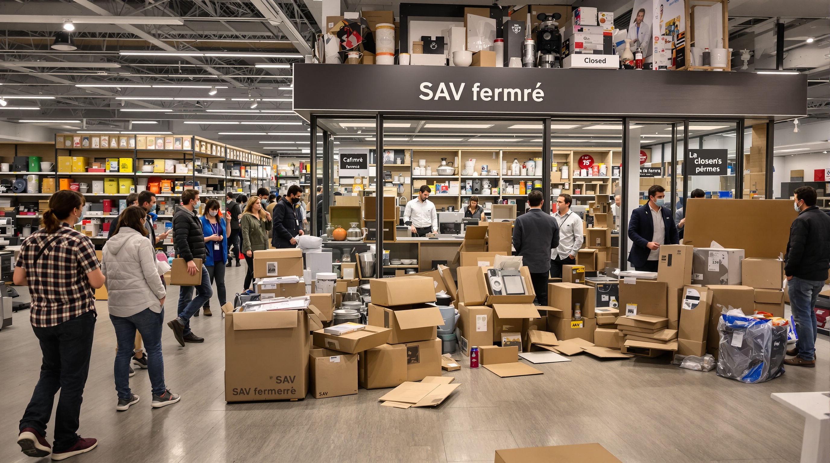 Ambiance magasin de cuisine, vendeurs pressés, clients qui patientent devant un stand de SAV fermé, et cartons de meubles ouverts.