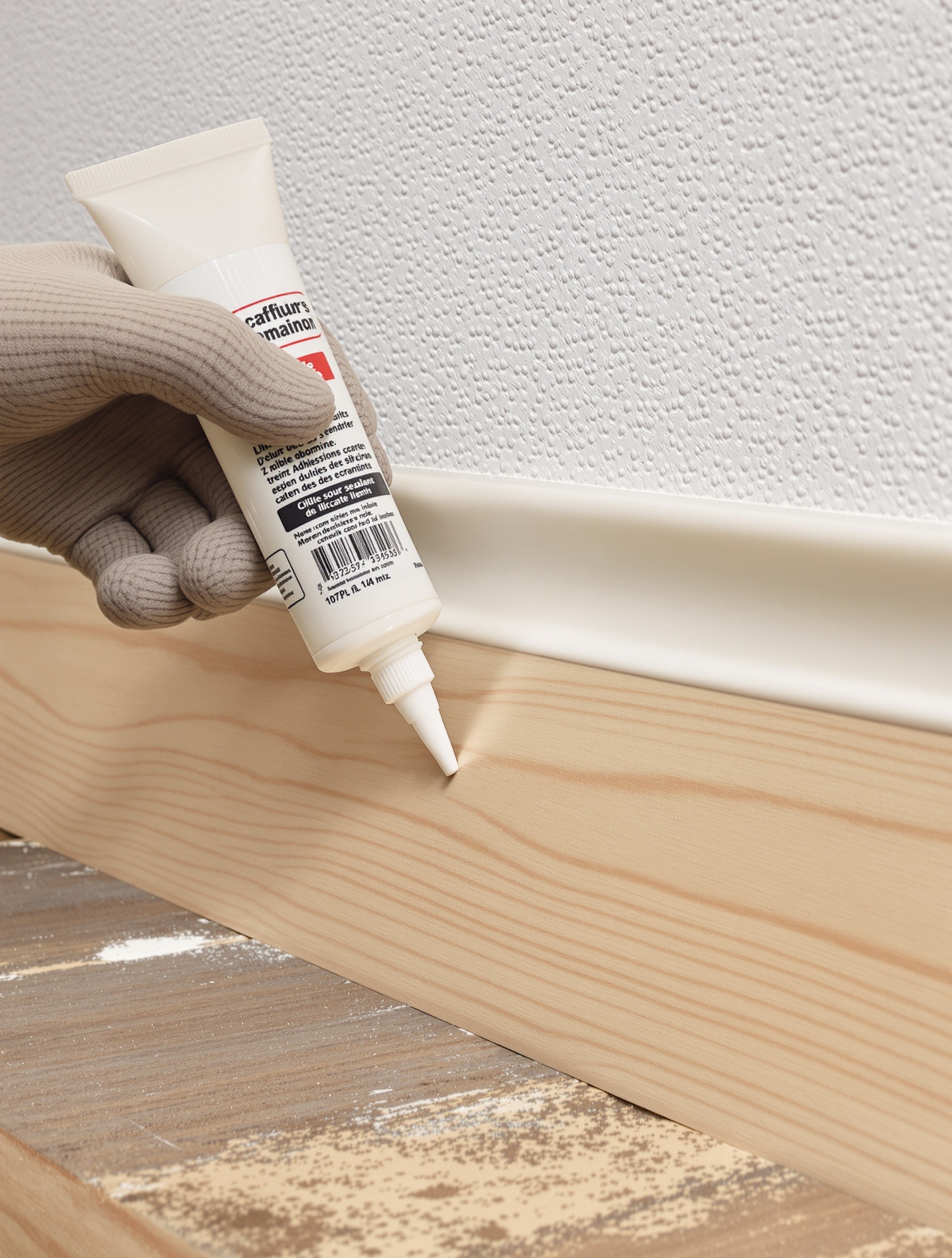 Application de mastic-colle sur le dos d'une plinthe.