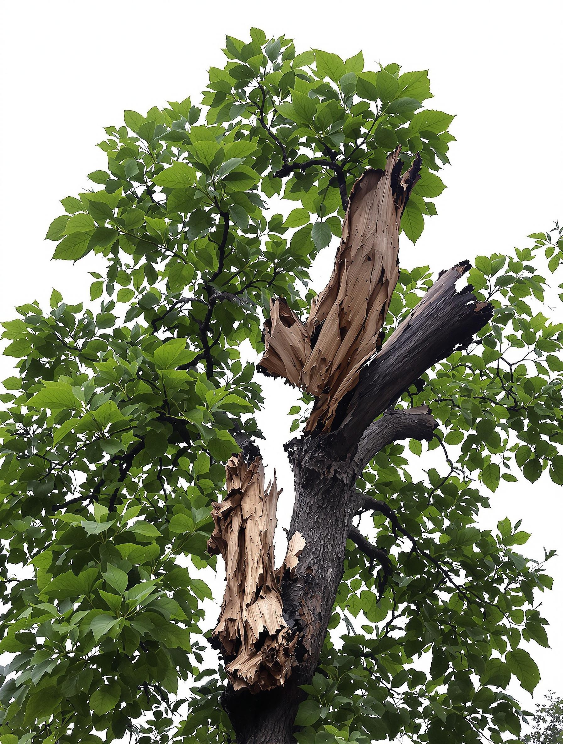 Branche cassée d'un catalpa, illustrant sa fragilité face aux intempéries.
