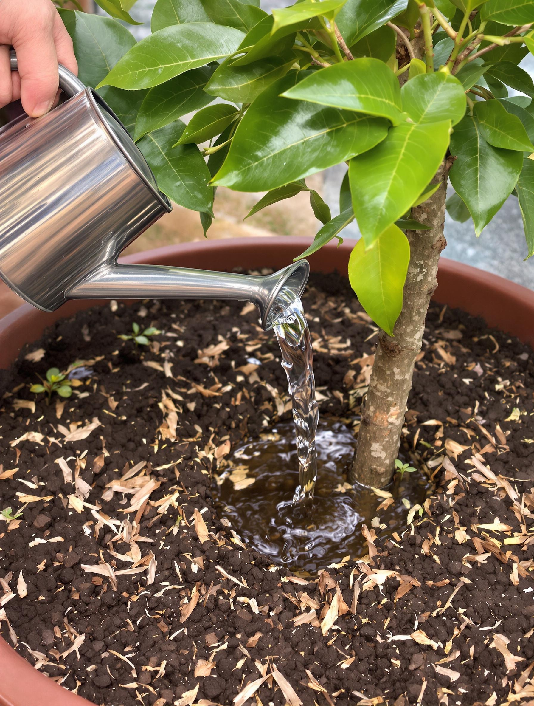 Arrosage progressif et test du doigt dans la terre pour un citronnier.
