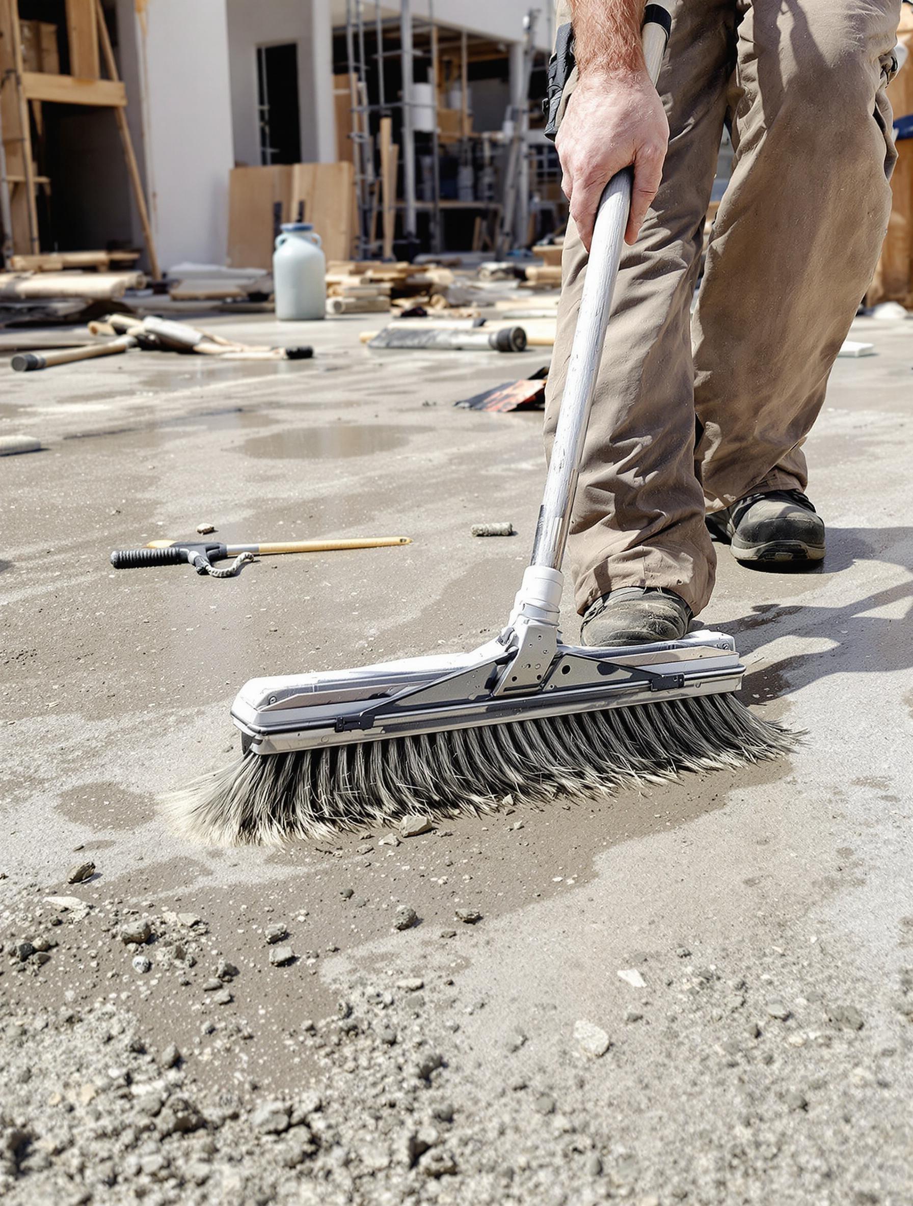 Artisan nettoyant une dalle en béton après décoffrage.
