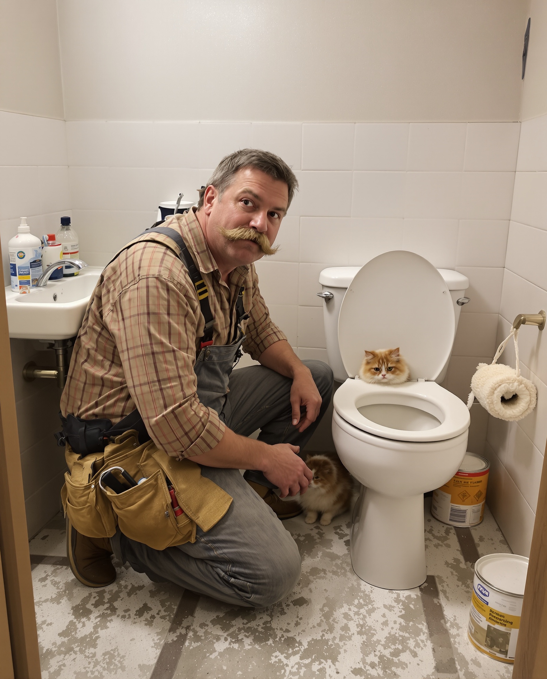 Artisan dans une mini salle de bain avec un chat coincé entre lavabo et WC
