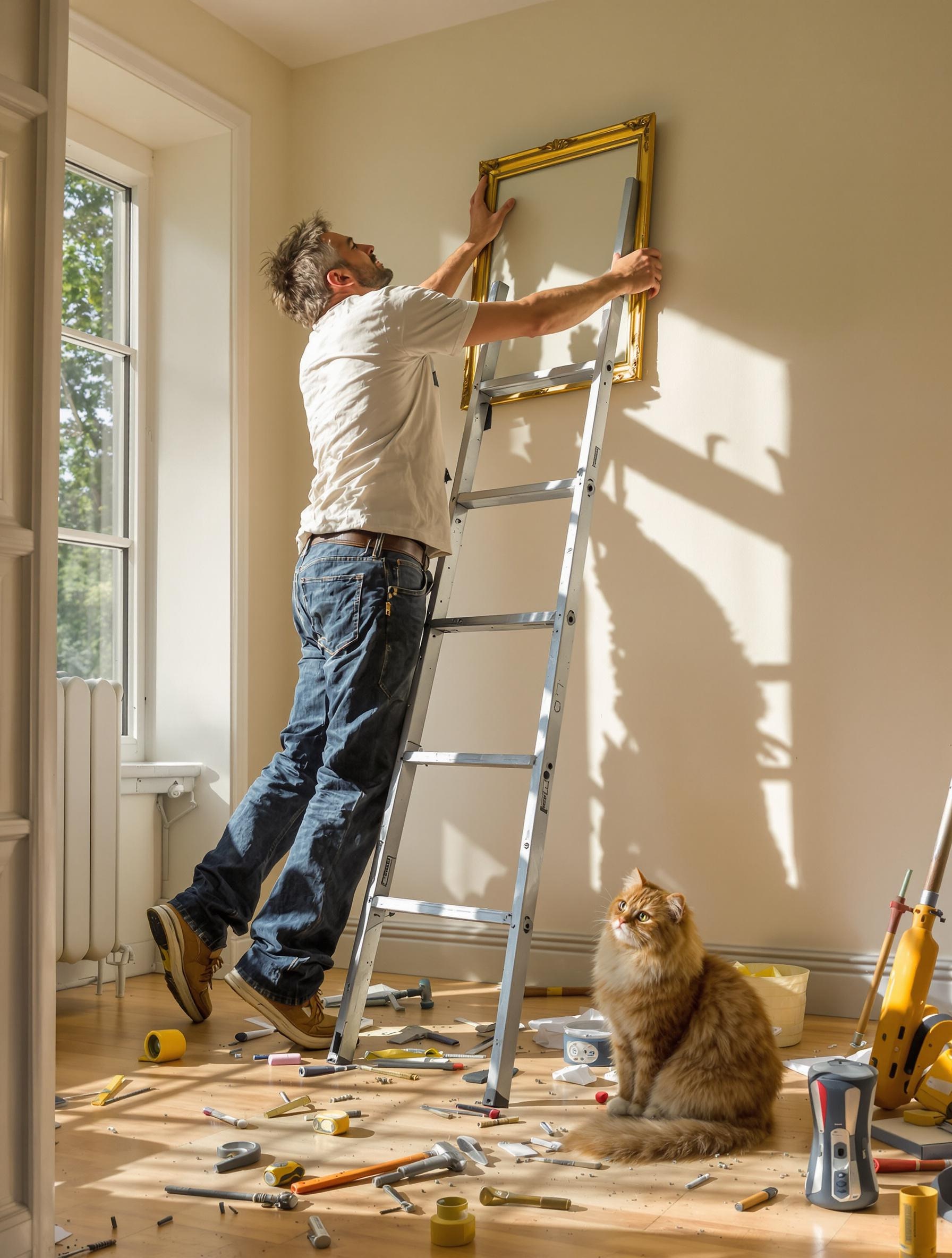 artisan bricoleur maladroit sur escabeau bancal, chat le regarde avec dédain