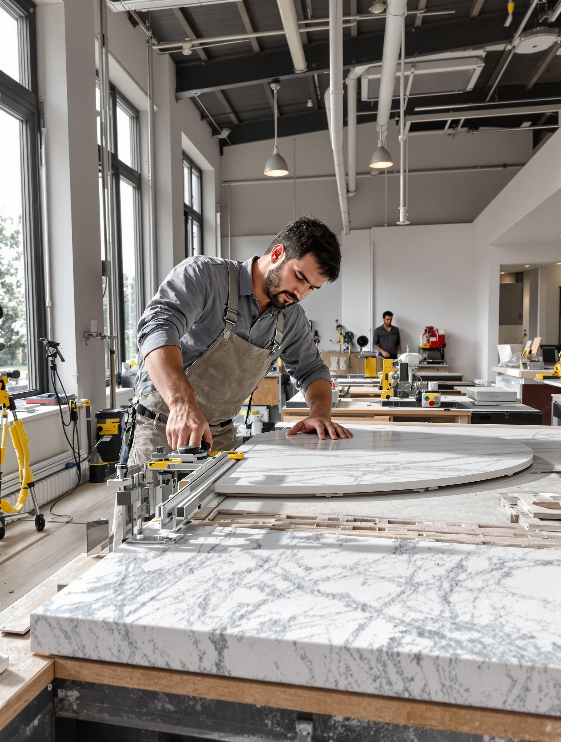 artisan installant un plan de travail quartz