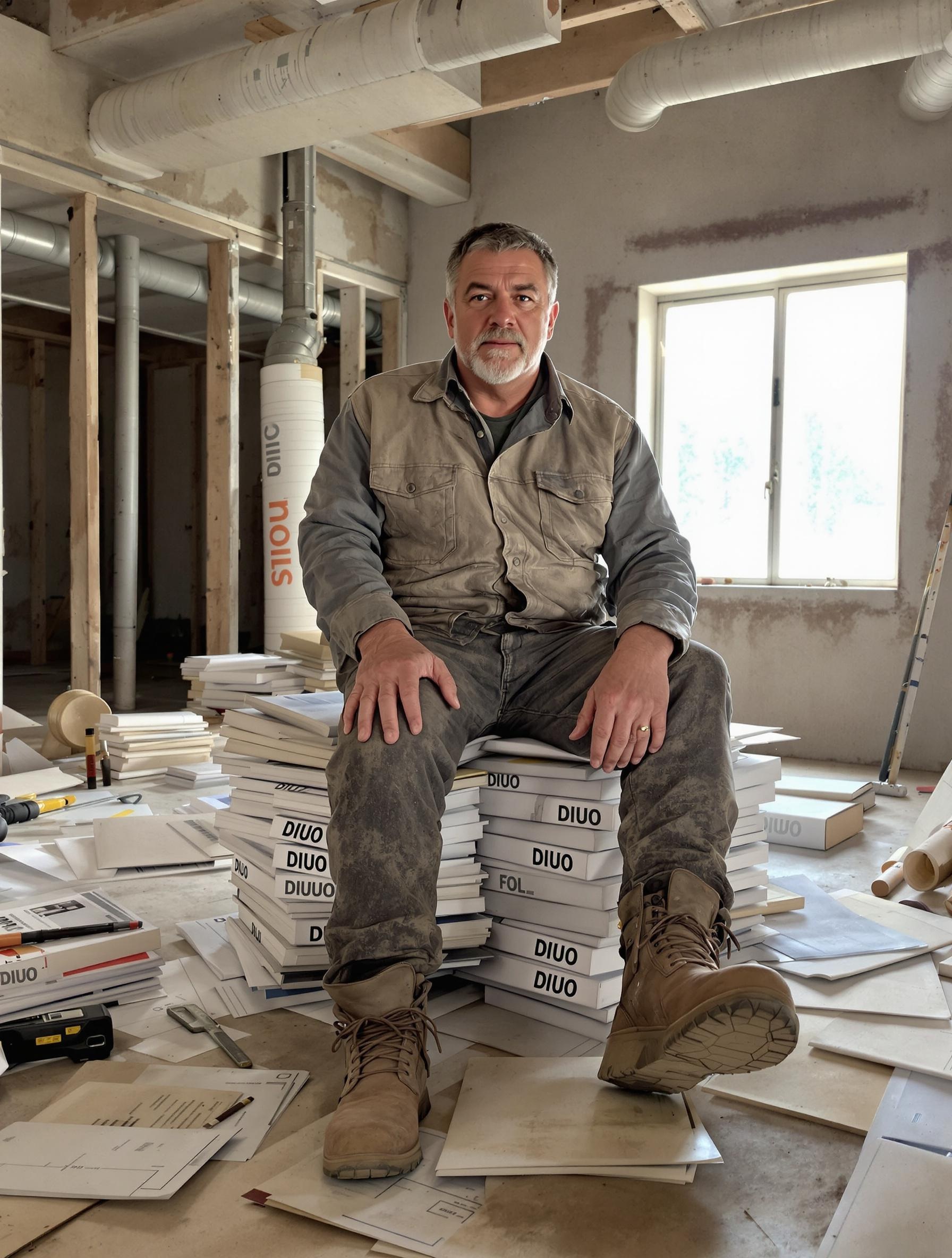 Un artisan assis sur une pile de dossiers DIUO dans la poussière d'un chantier.