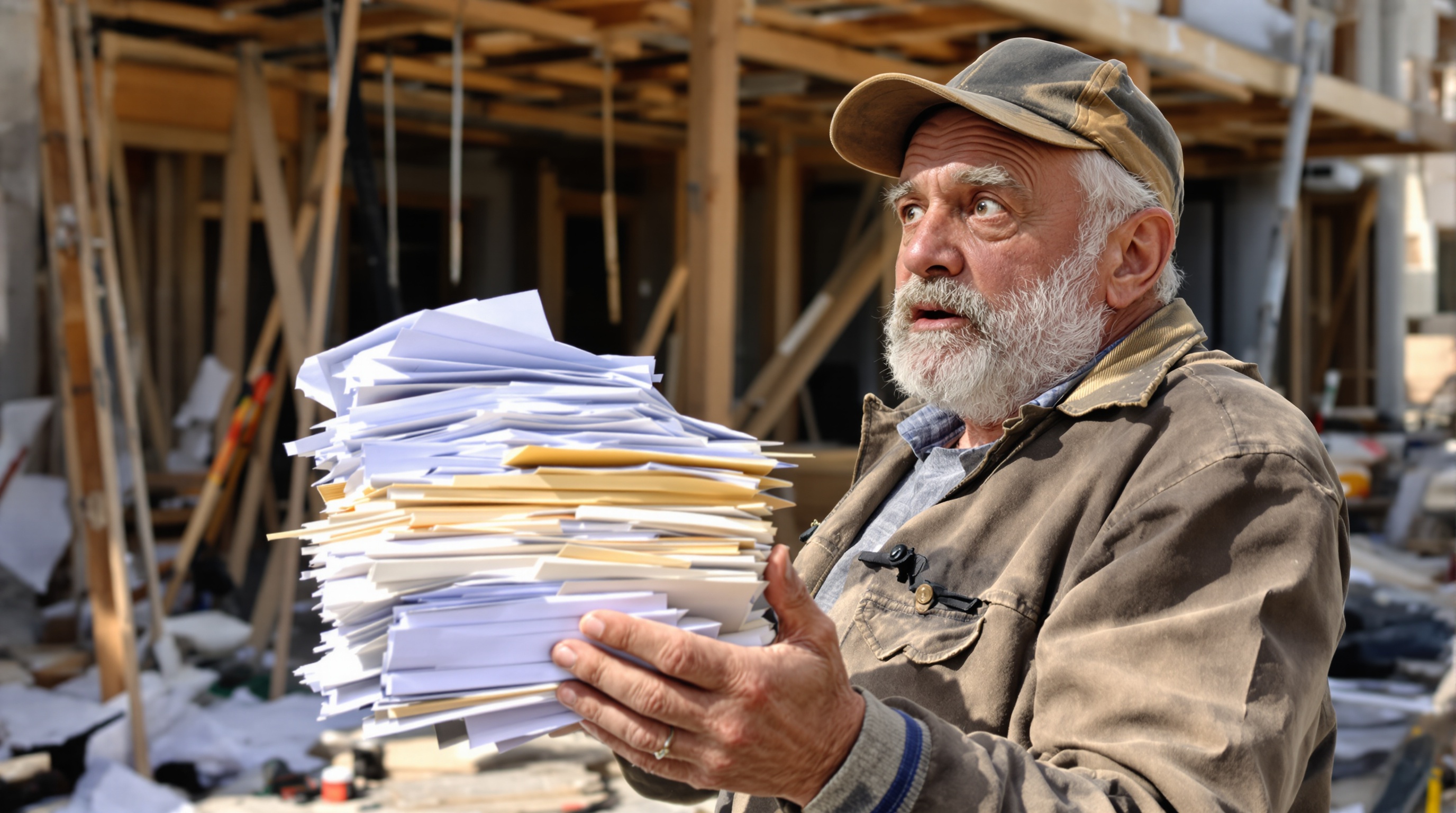Artisan chevronné devant une pile de paperasse sur un chantier bordélique, ambiance humour français