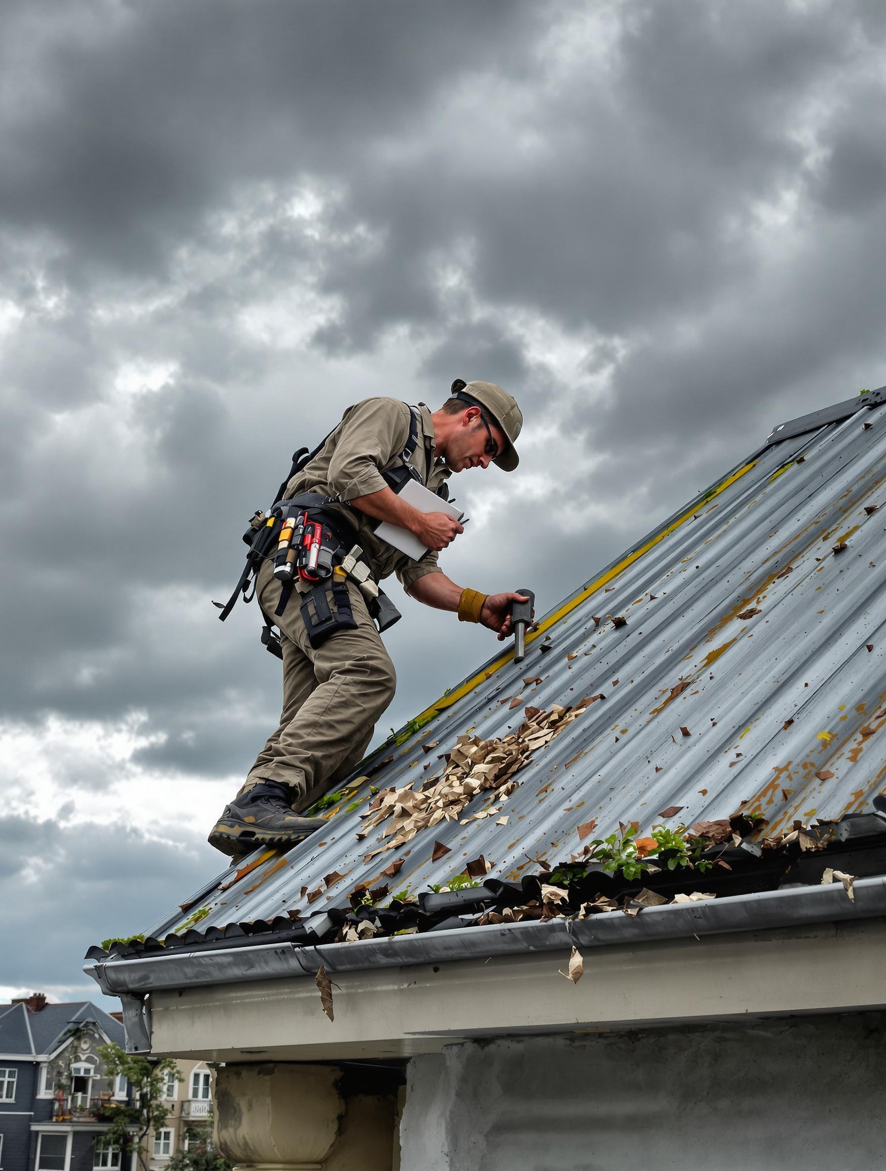 Artisan inspectant une toiture haussmannienne en zinc pour un entretien annuel.