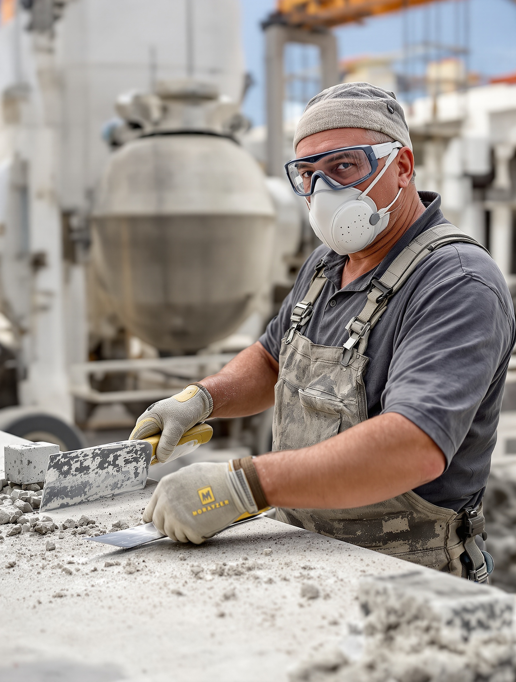 Artisan maçon équipé sur un chantier balustres en béton