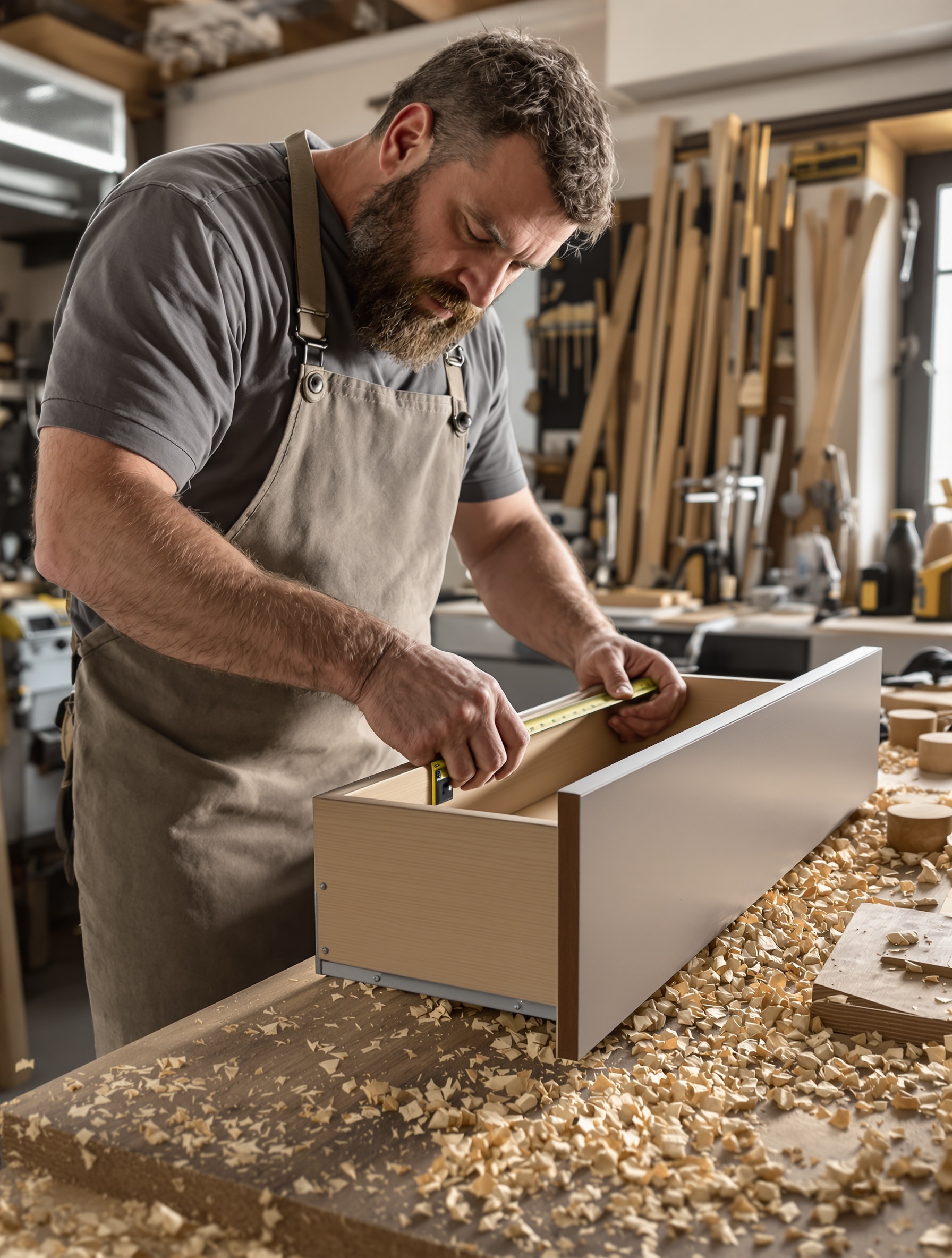 Artisan mesurant la profondeur d'un tiroir cuisine moderne