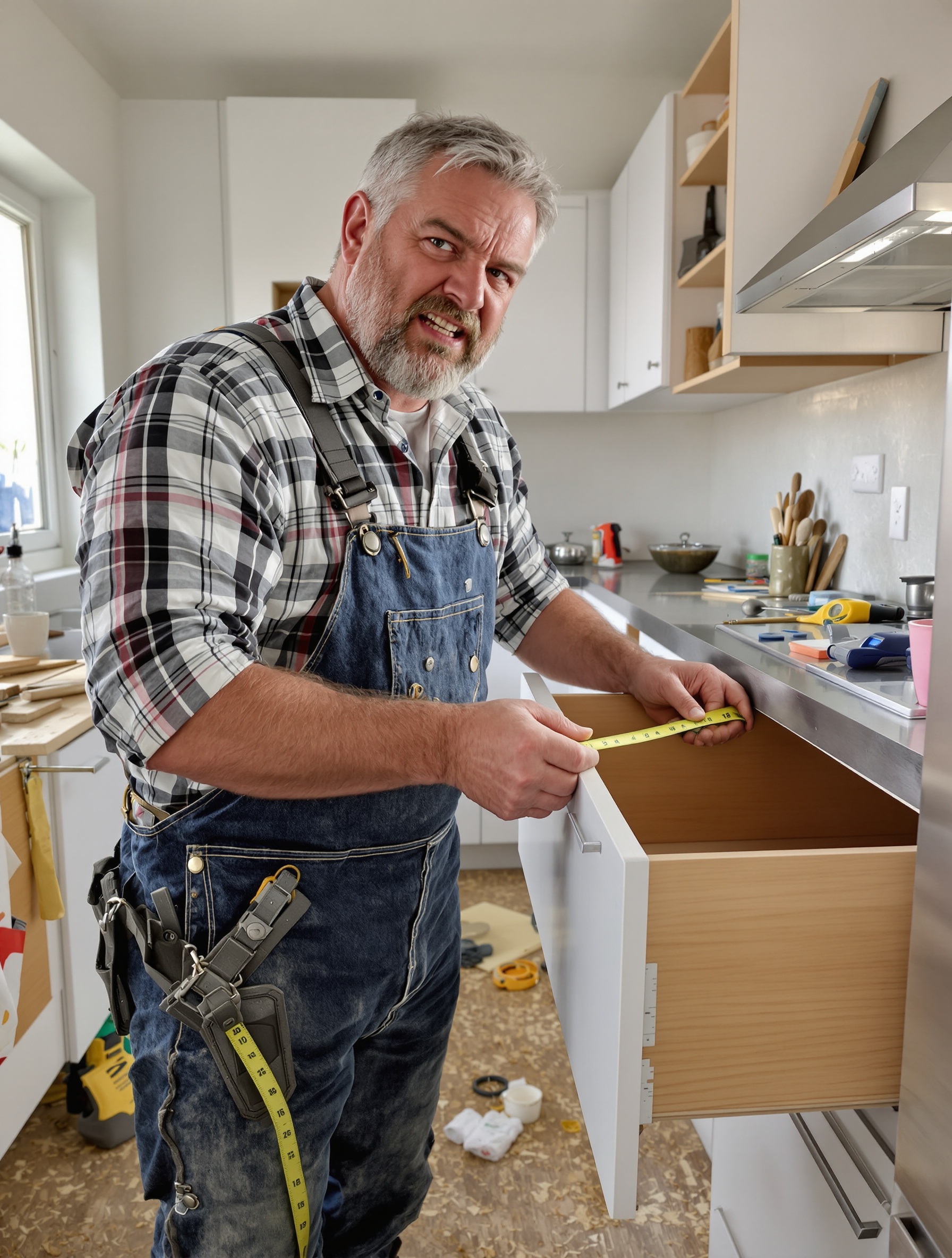 Artisan bourru mesurant un tiroir de cuisine moderne avec un air contrarié