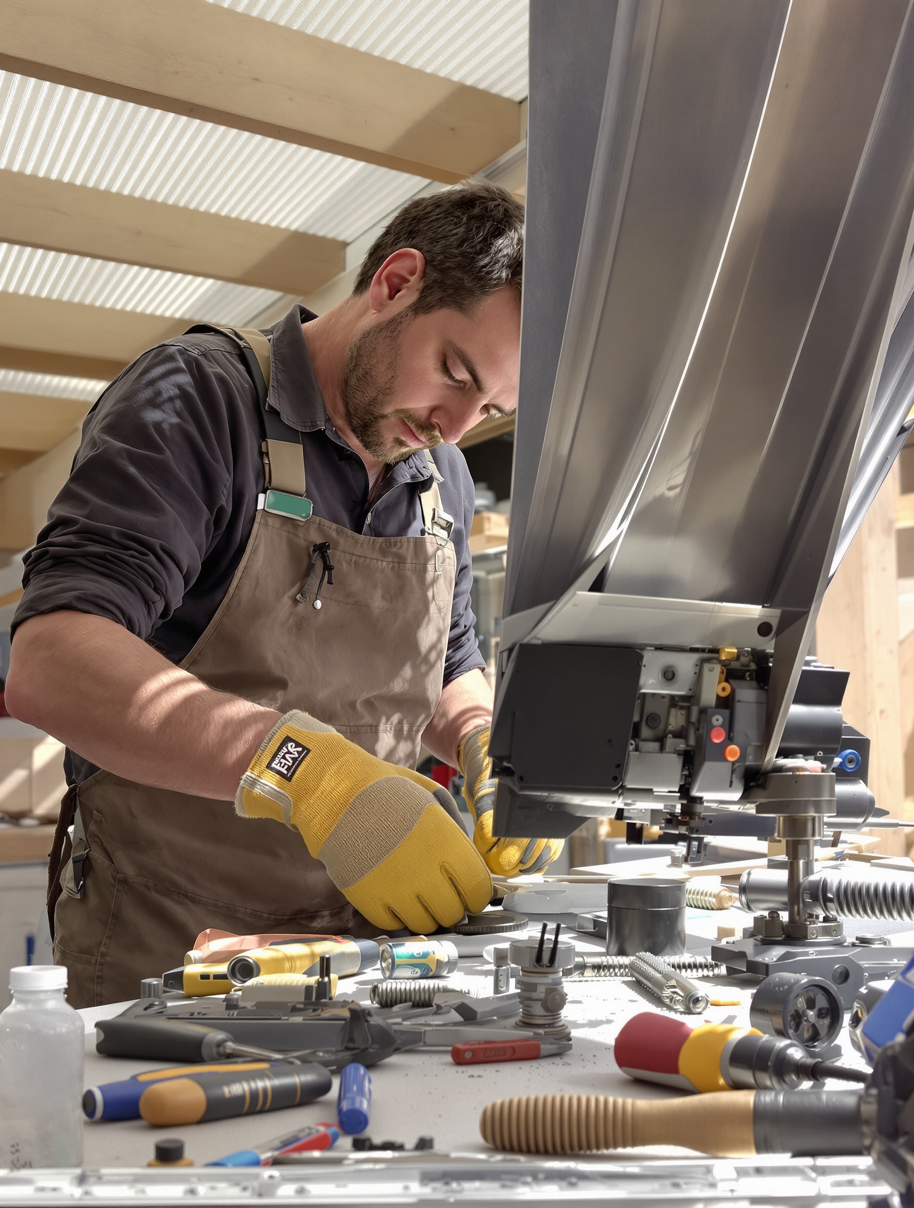 Artisan professionnel réglant une lame de pergola bioclimatique avec ses outils à portée.