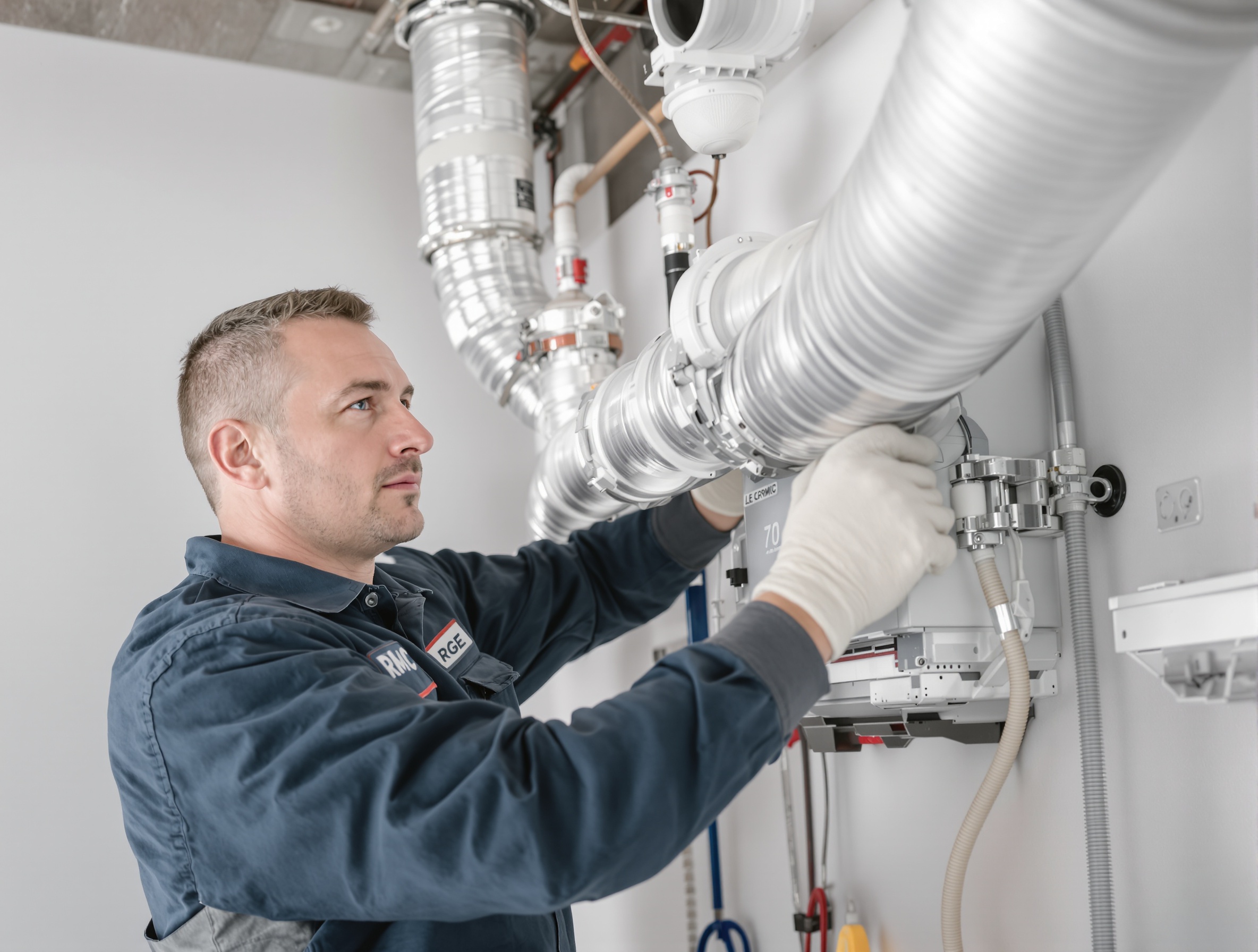 Artisan certifié RGE posant proprement un caisson de VMC double flux