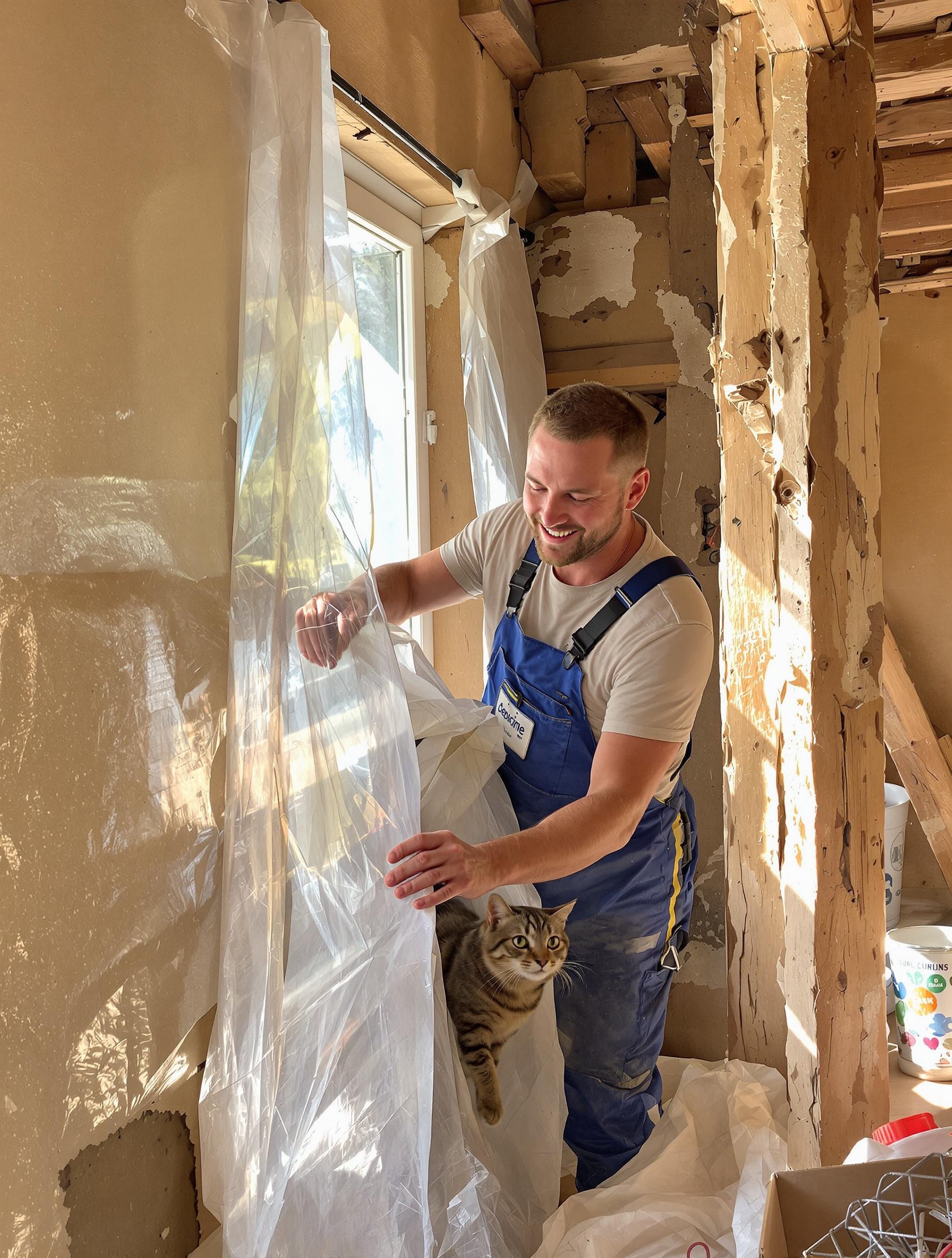 Artisan protégeant un chantier de torchis avec un chat tigré en arrière-plan