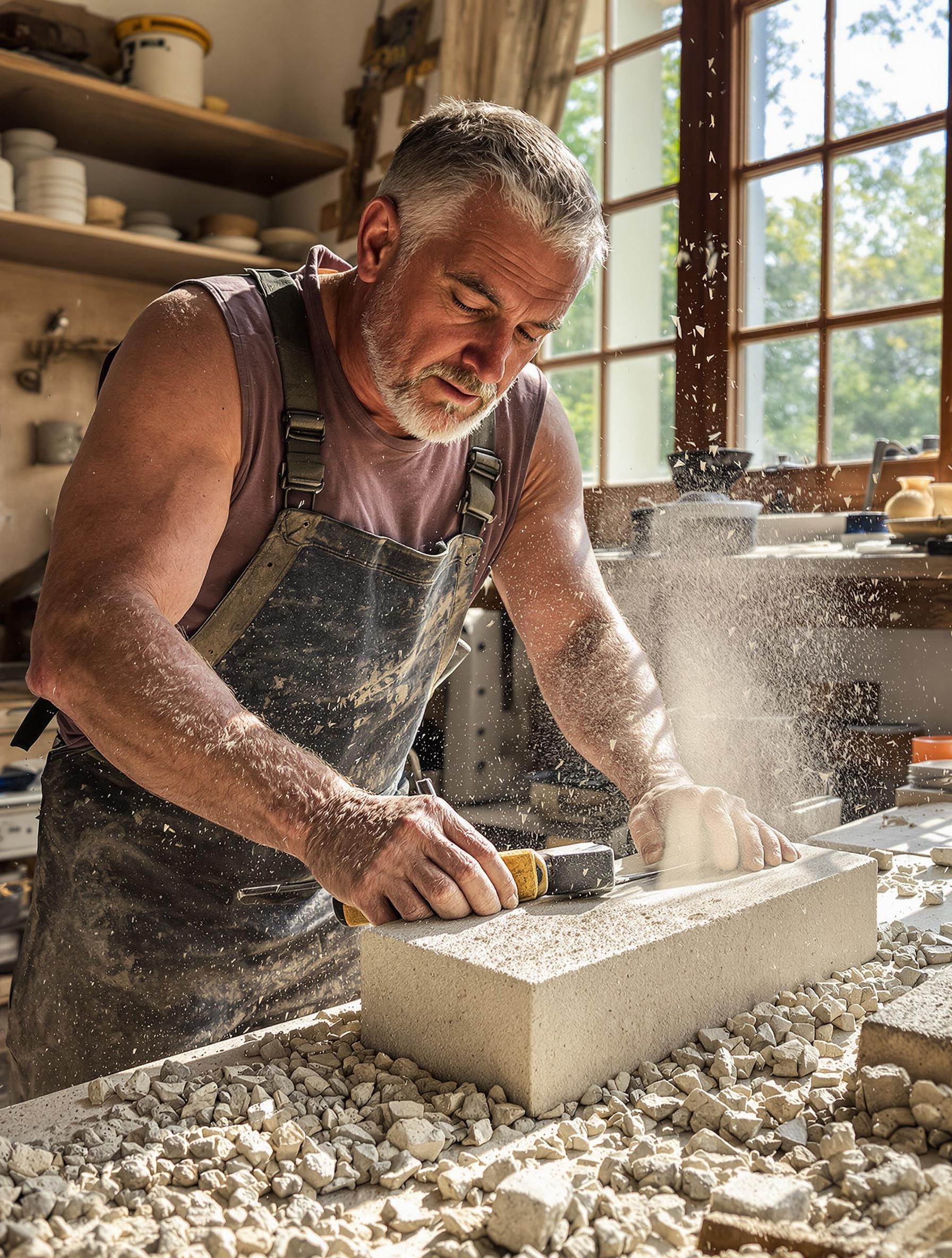 Artisan tailleur de pierre travaillant dans un atelier avec poussière et copeaux