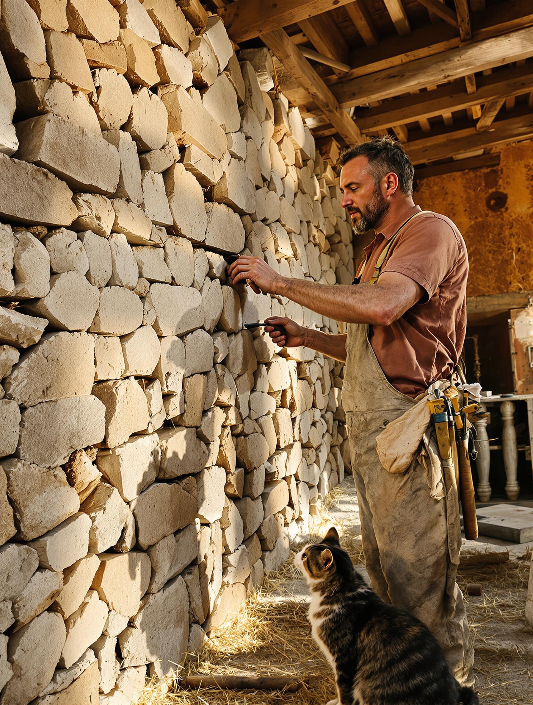 Un artisan observant un mur en torchis traditionnel sous l’œil d’un chat tigré.