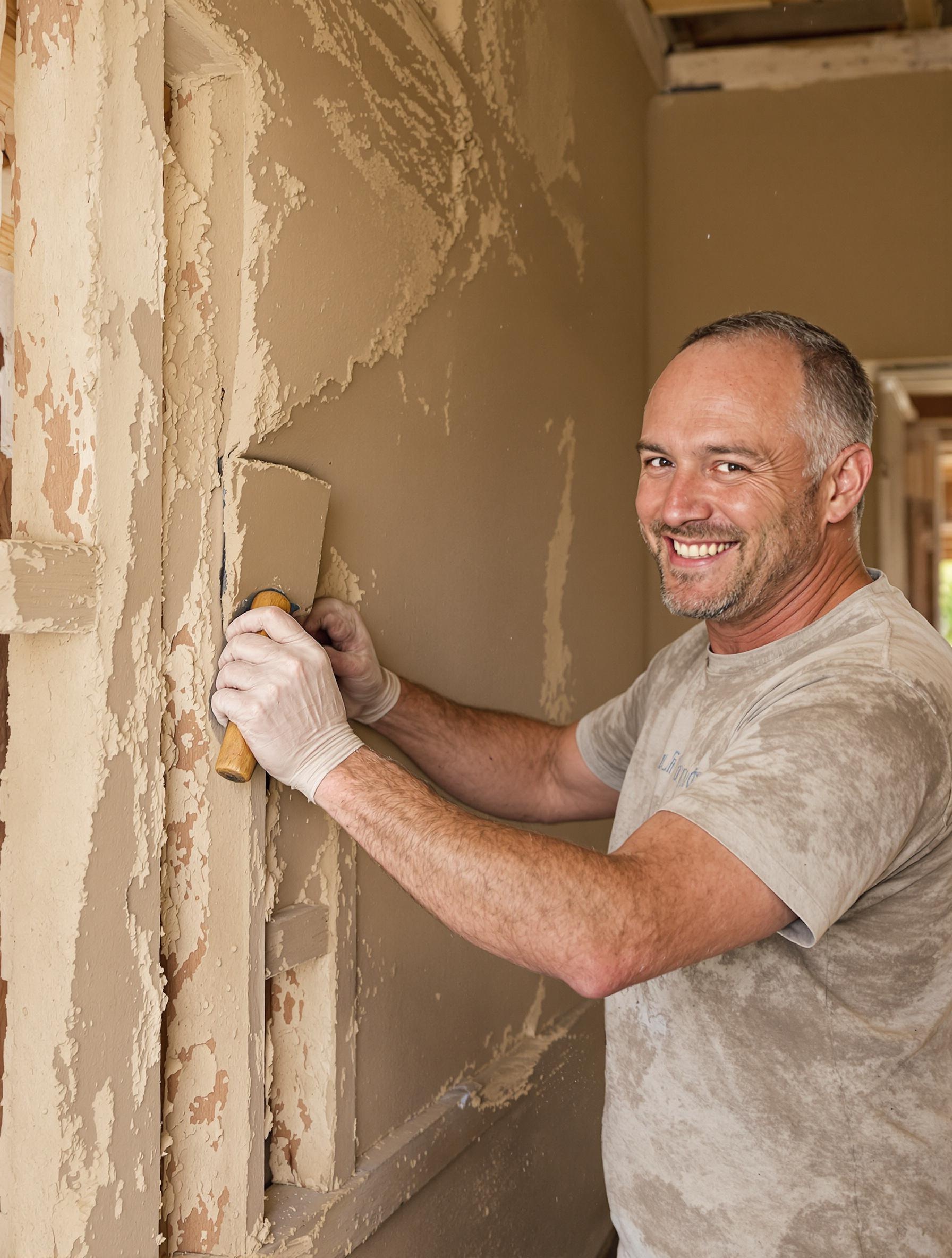 Artisan appliquant du torchis sur un mur avec une taloche, lattage bois visible