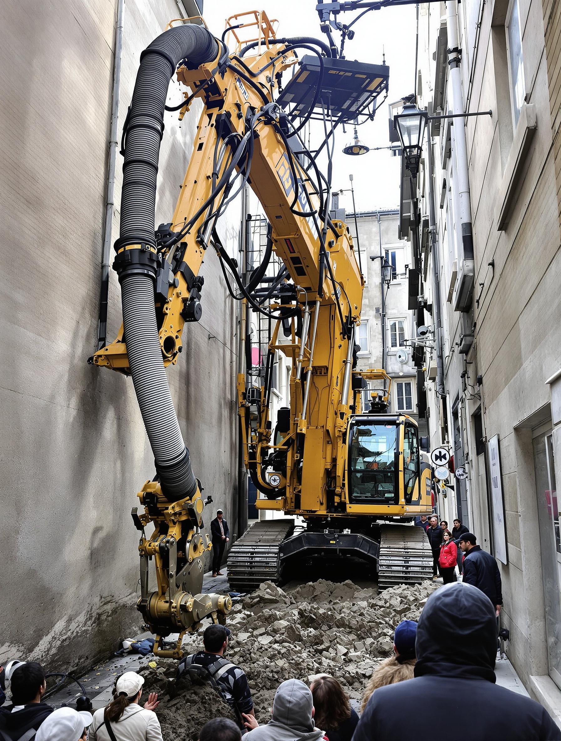 Aspiratrice-excavatrice opérant dans un espace exigu inaccessible à une pelle mécanique