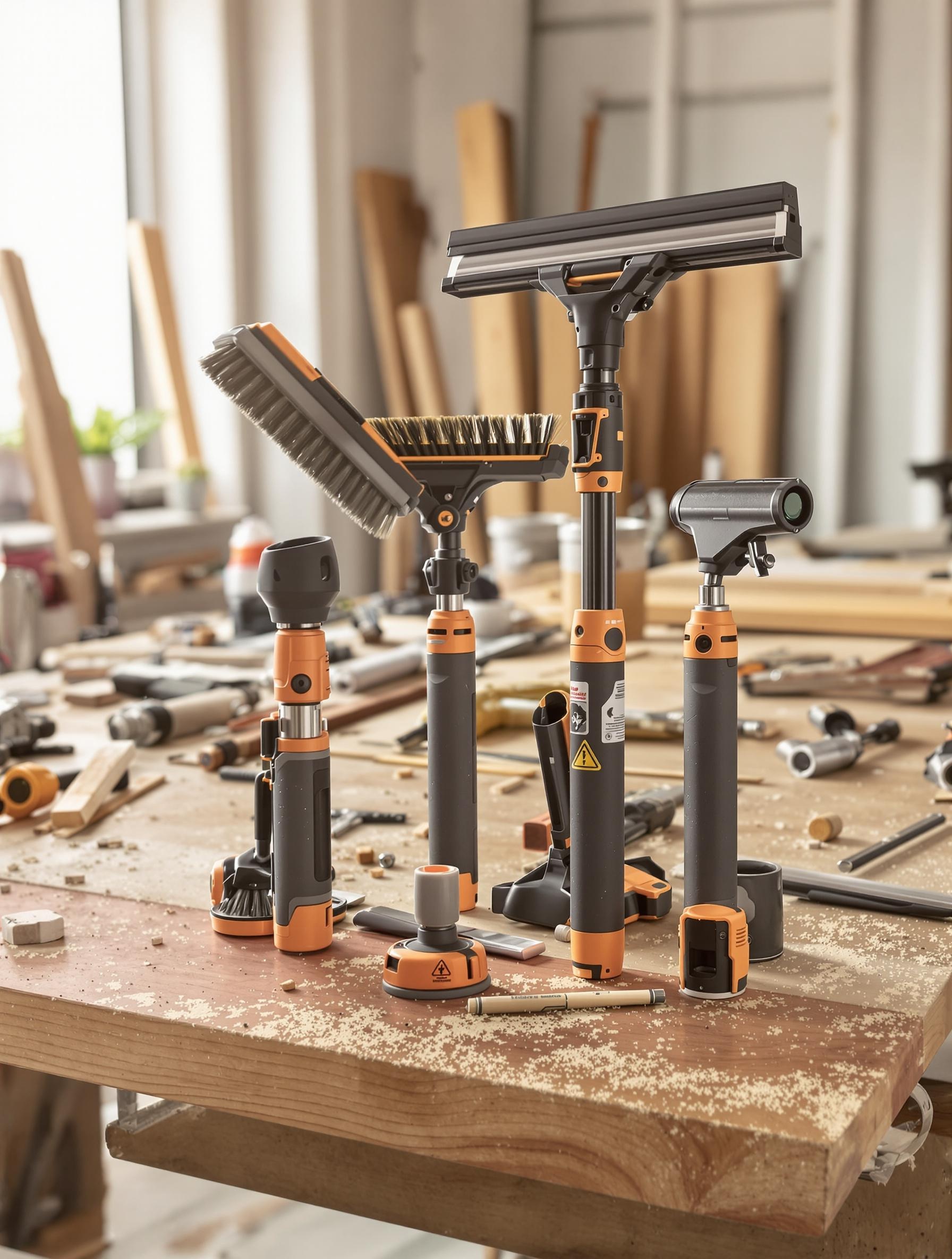 Assortiment d'embouts pour perche télescopique : brosse dure, pulvérisateur, raclette