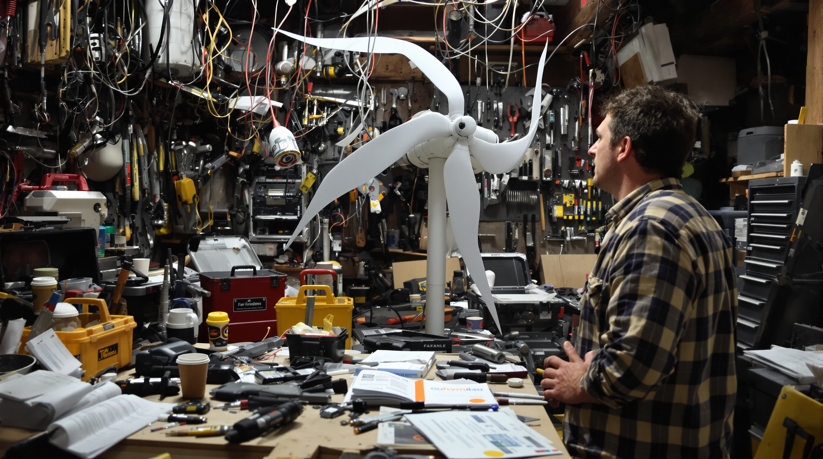 Atelier bricolage raté : homme avec une éolienne qui tourne à l'envers, outils en désordre
