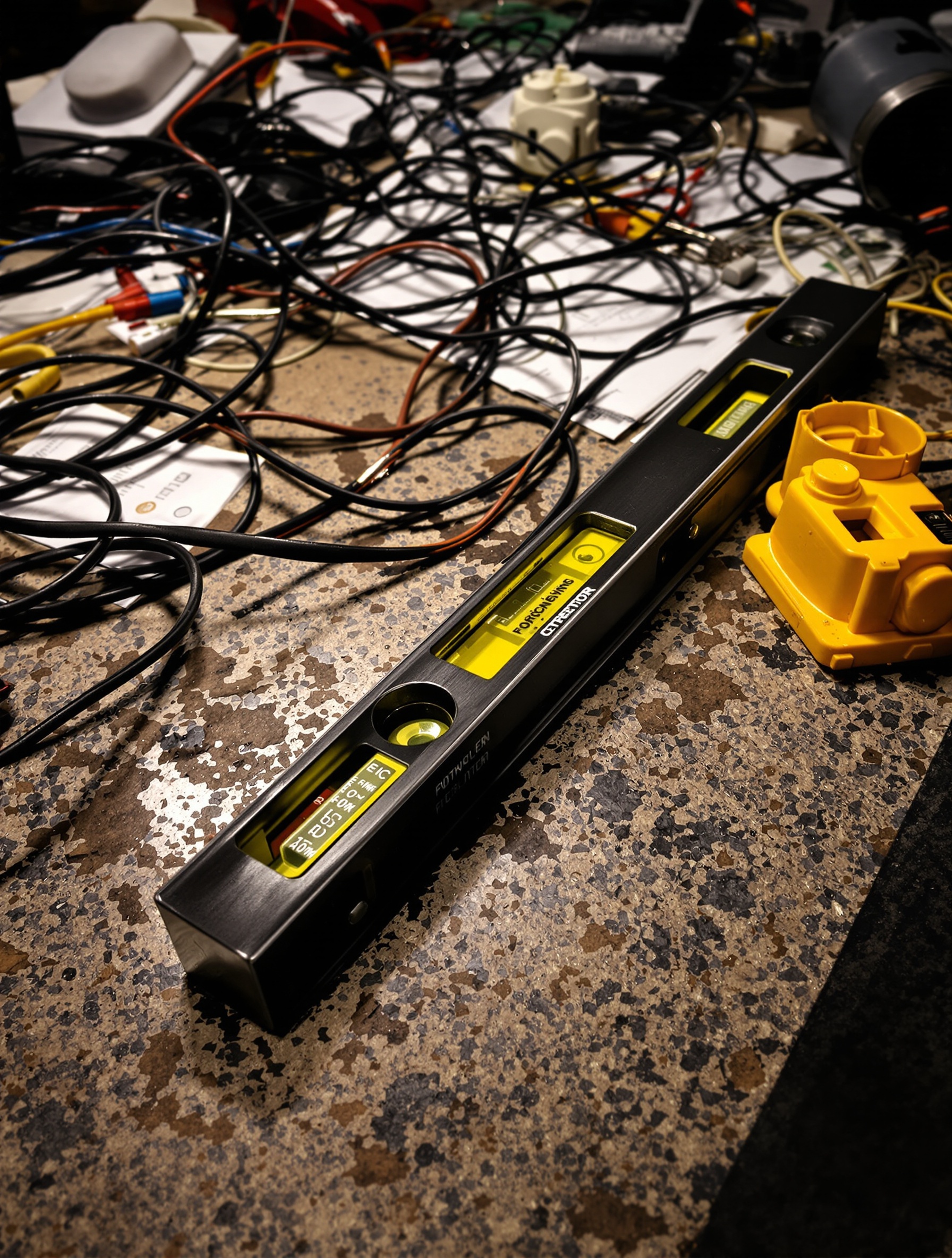 atelier électricien détecteur de mouvement 4 fils outils câbles désordre niveau bulle tordu