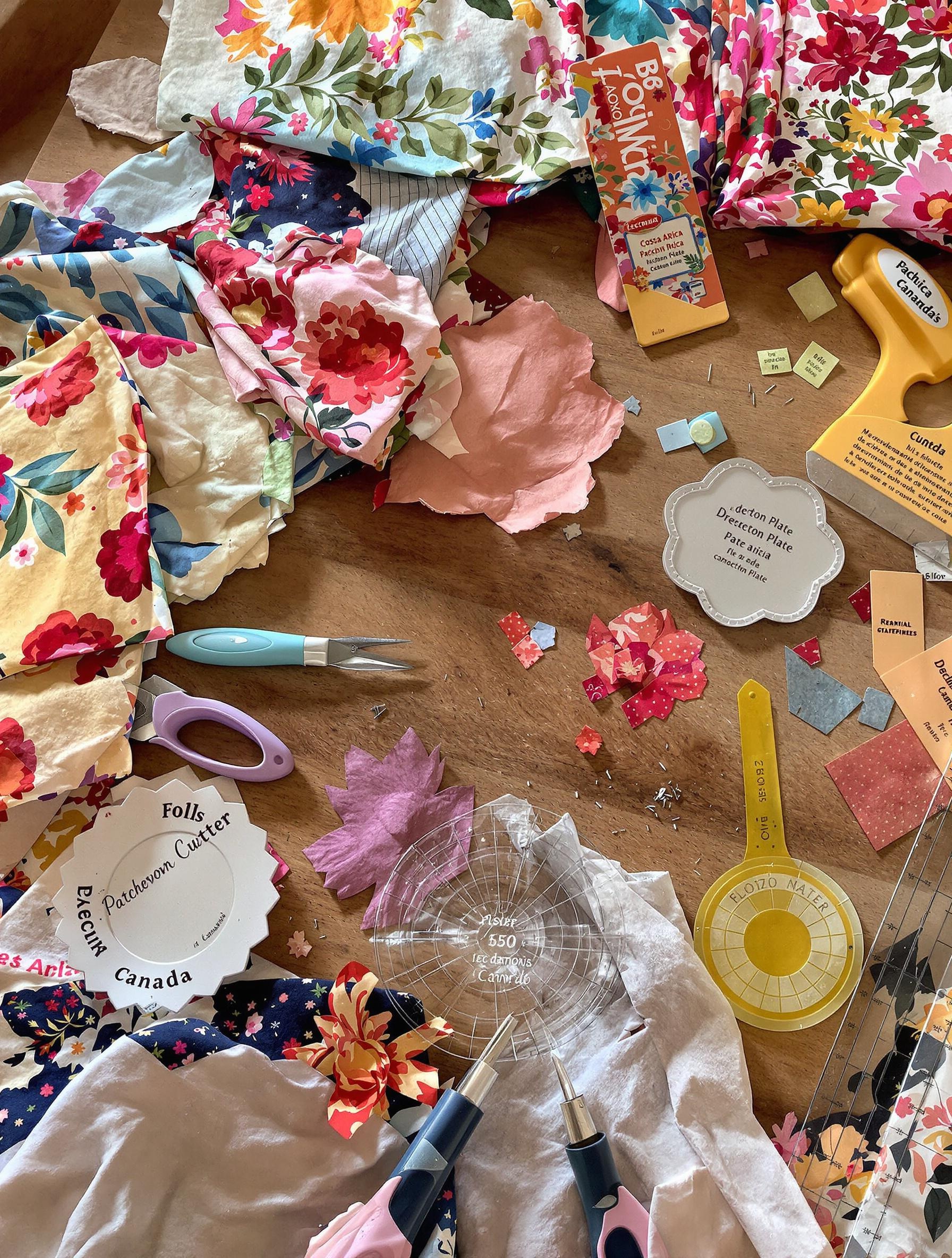 Atelier patchwork floral cutters Costa Rica Canada tissus coton lin tee-shirts gabarits aiguilles règle Dresden Plate