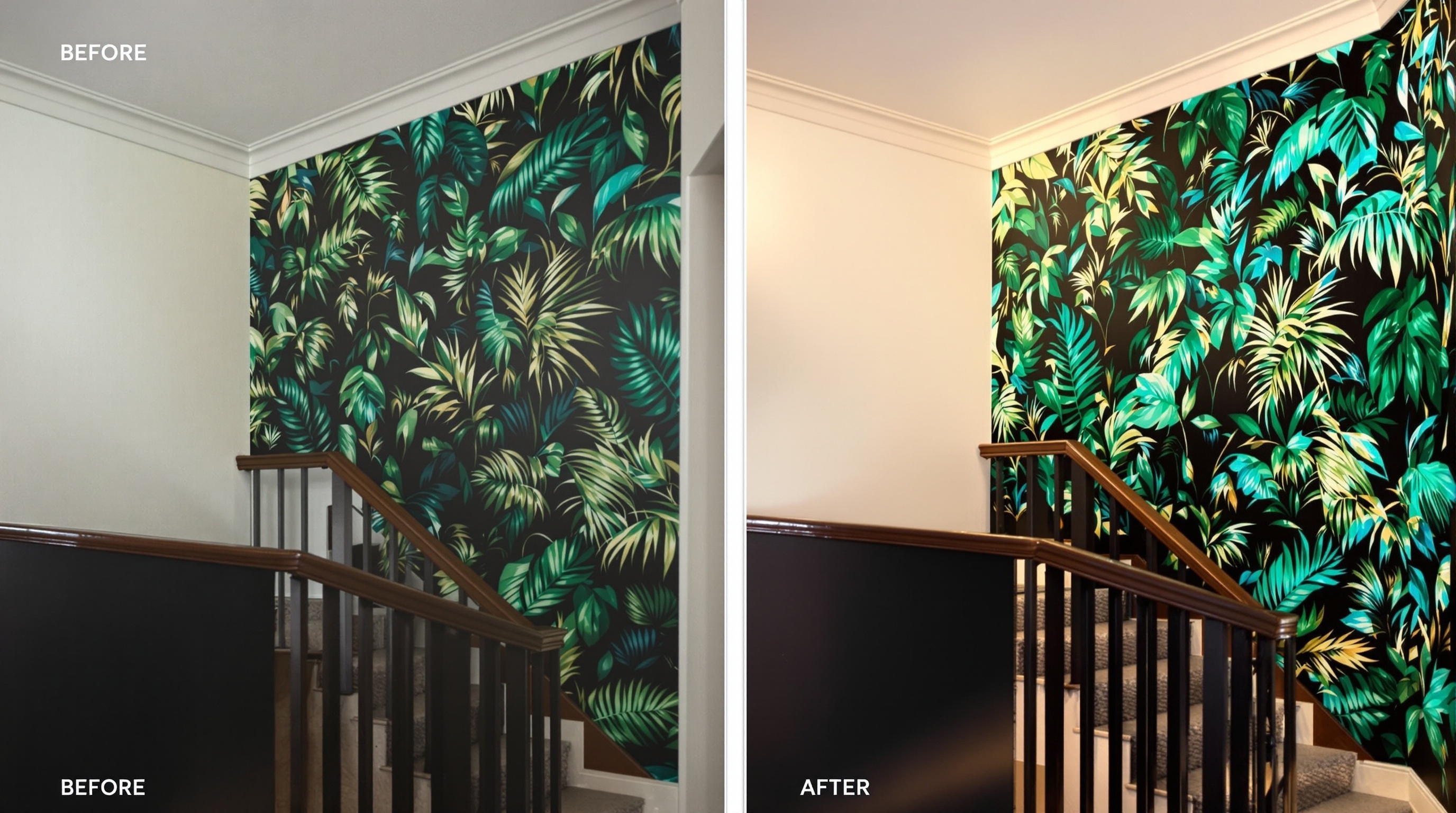 Transformation spectaculaire d'une cage d'escalier avec un papier peint panoramique jungle luxuriante.