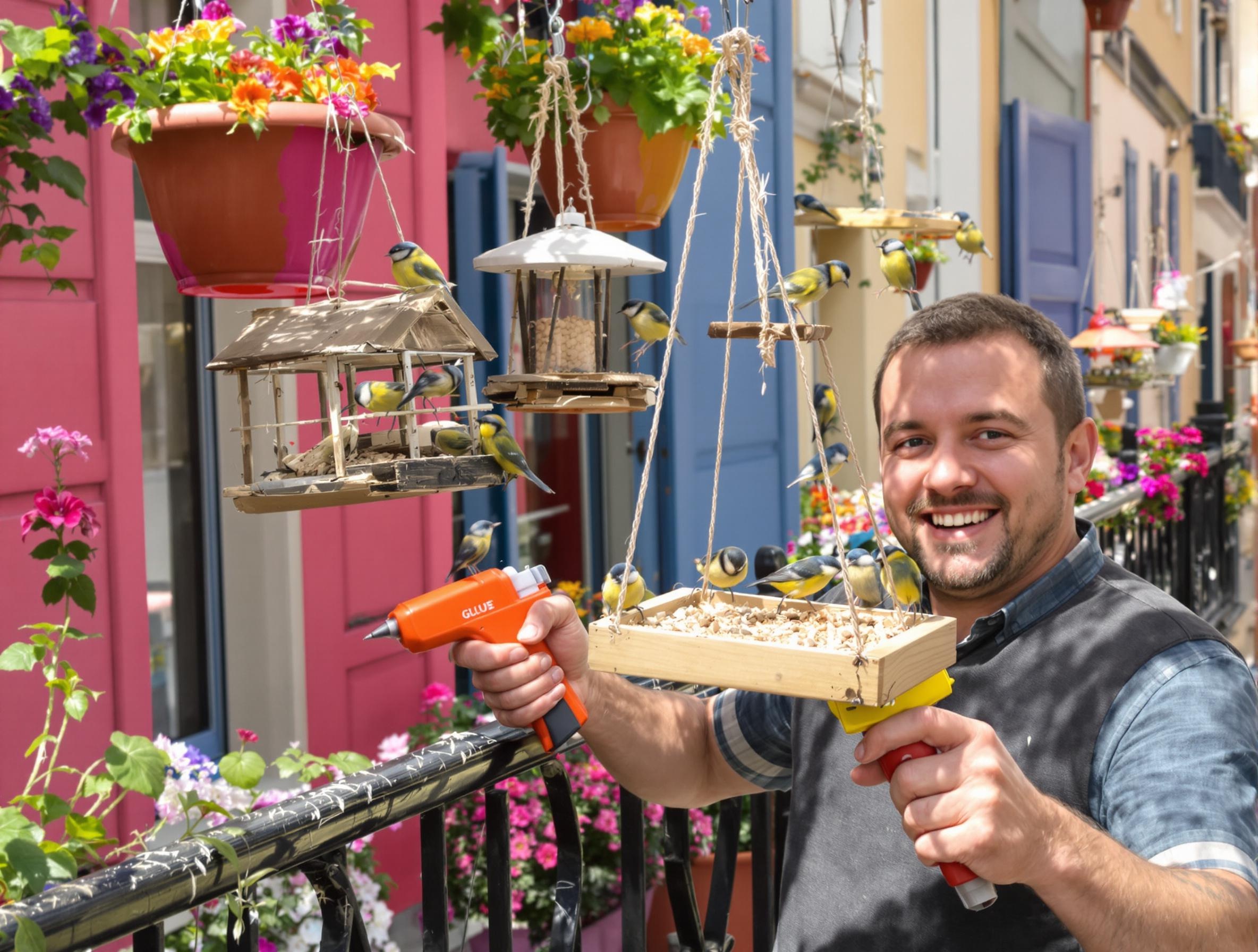 Balcon décoré avec mangeoires DIY et mésanges en fête.