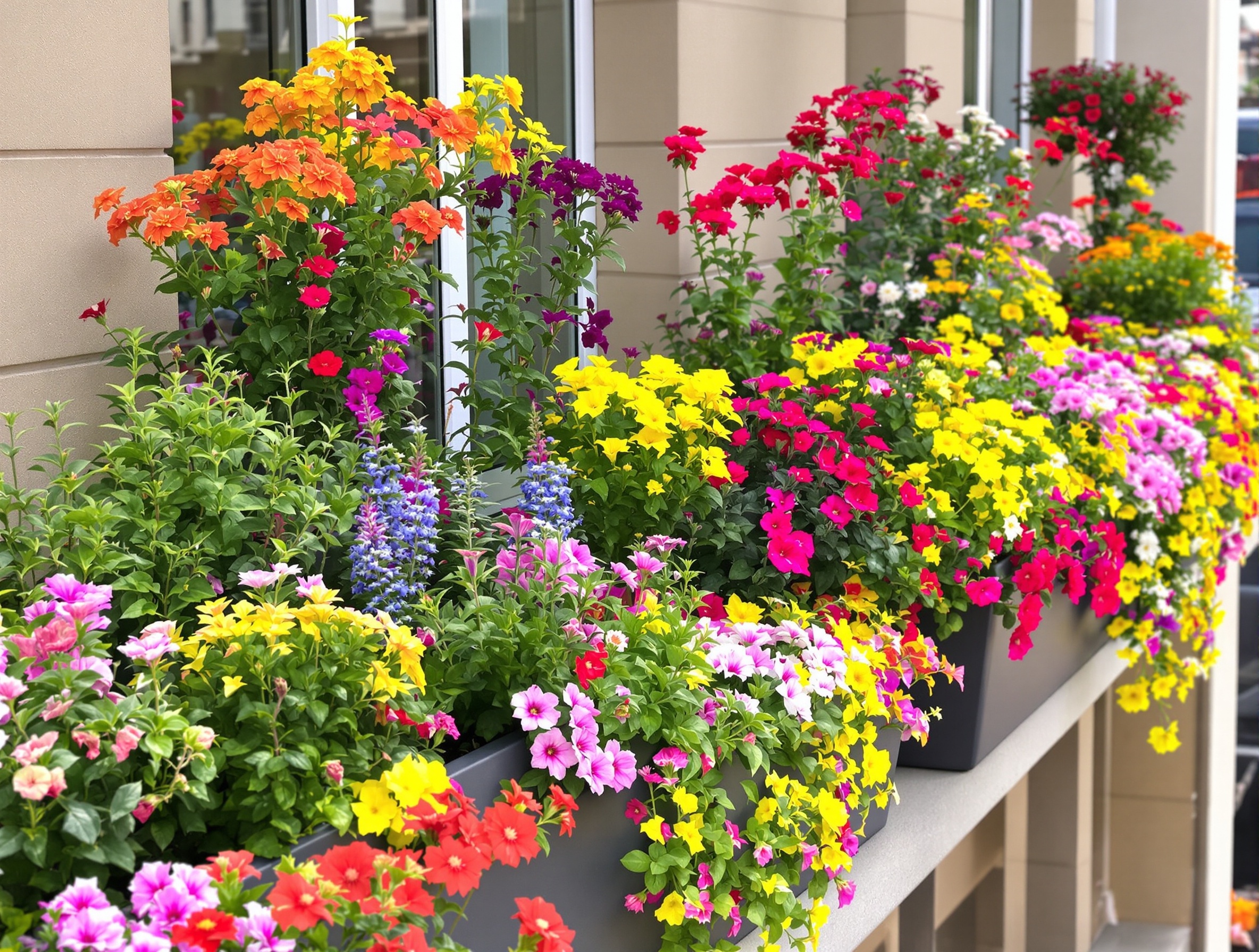 Balcon rempli de fleurs colorées faciles d'entretien et aromatiques.
