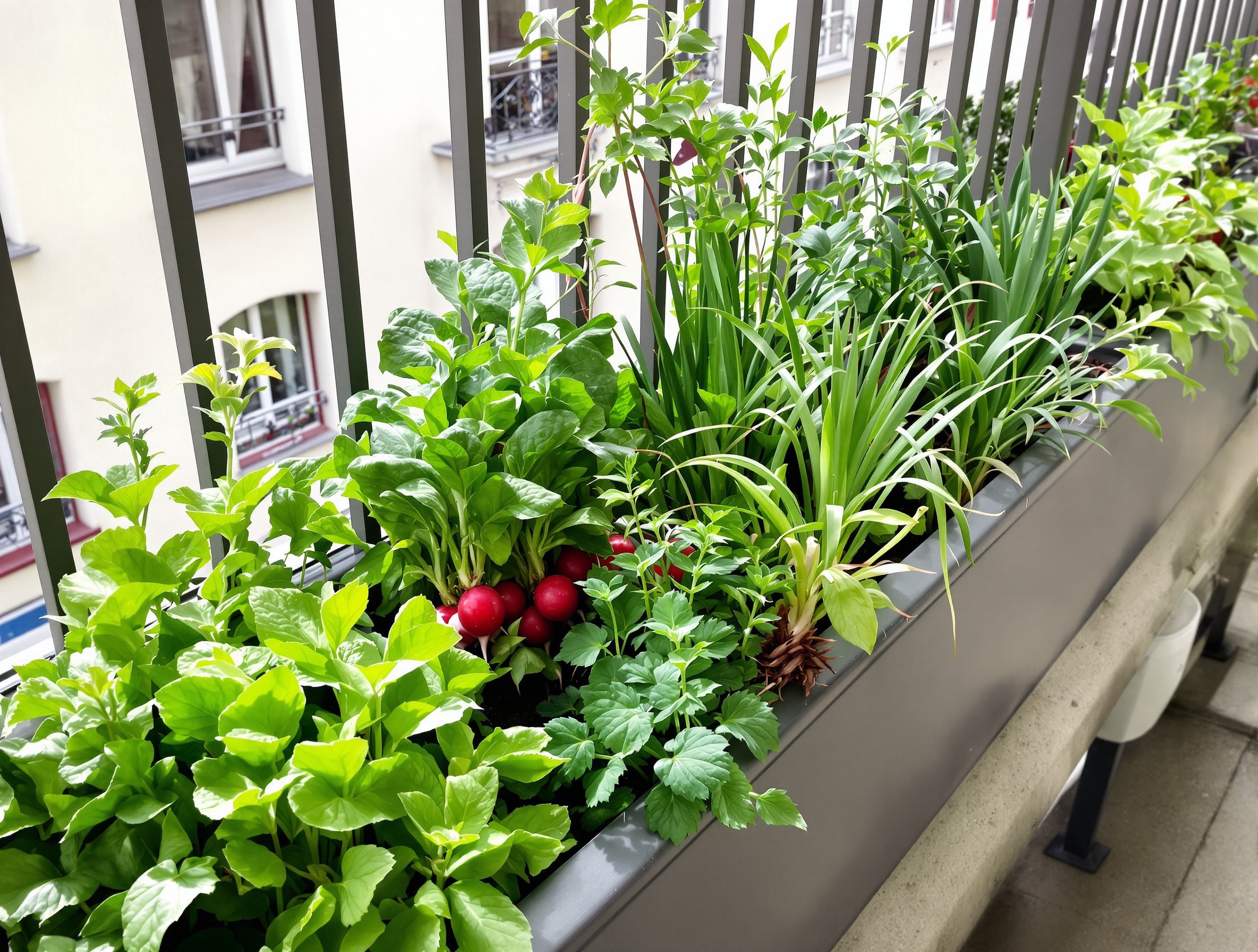 Balcon à l'ombre planté d'épinards, radis, menthe et salades.