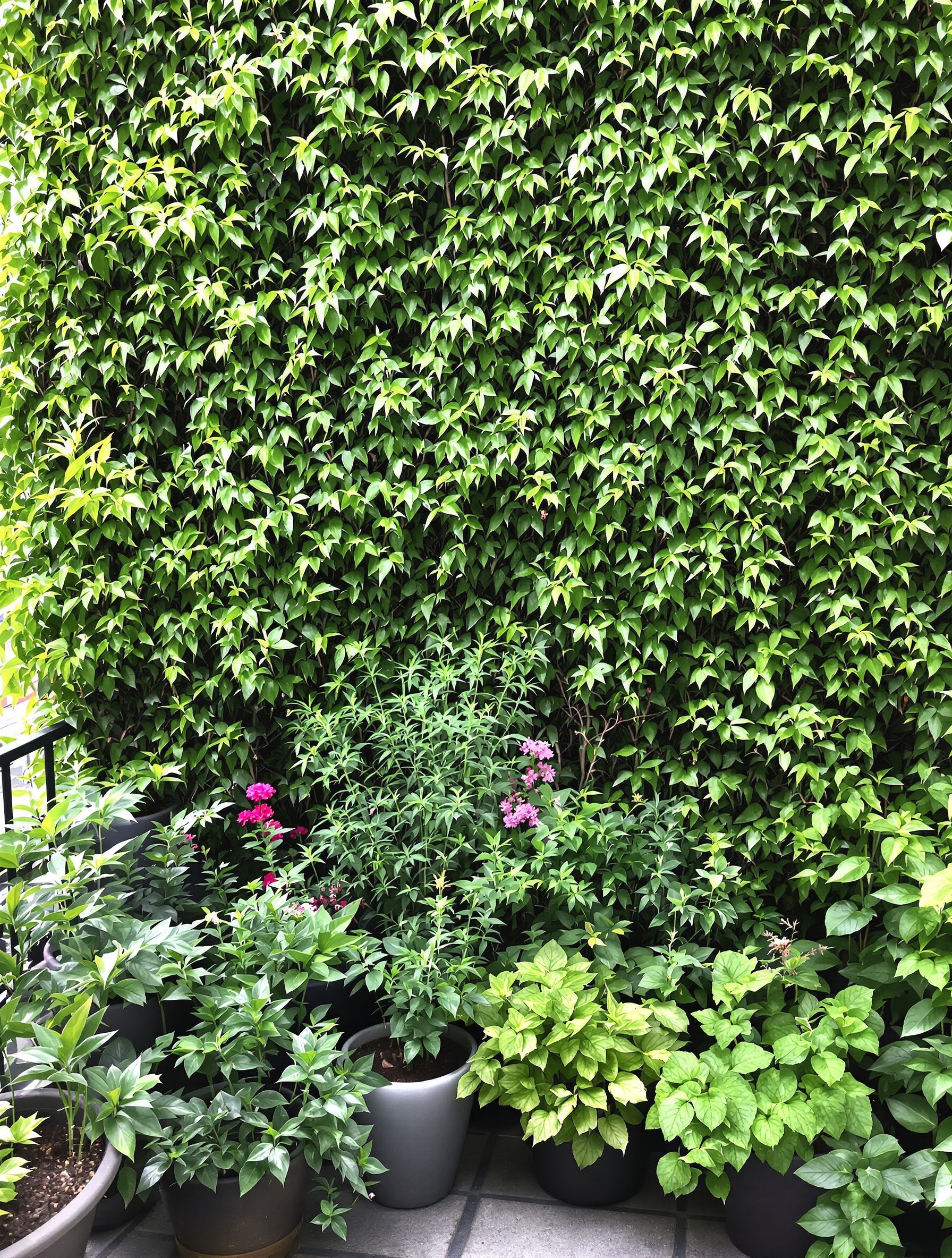 Balcon végétalisé avec plusieurs types de plantes créant une belle intimité