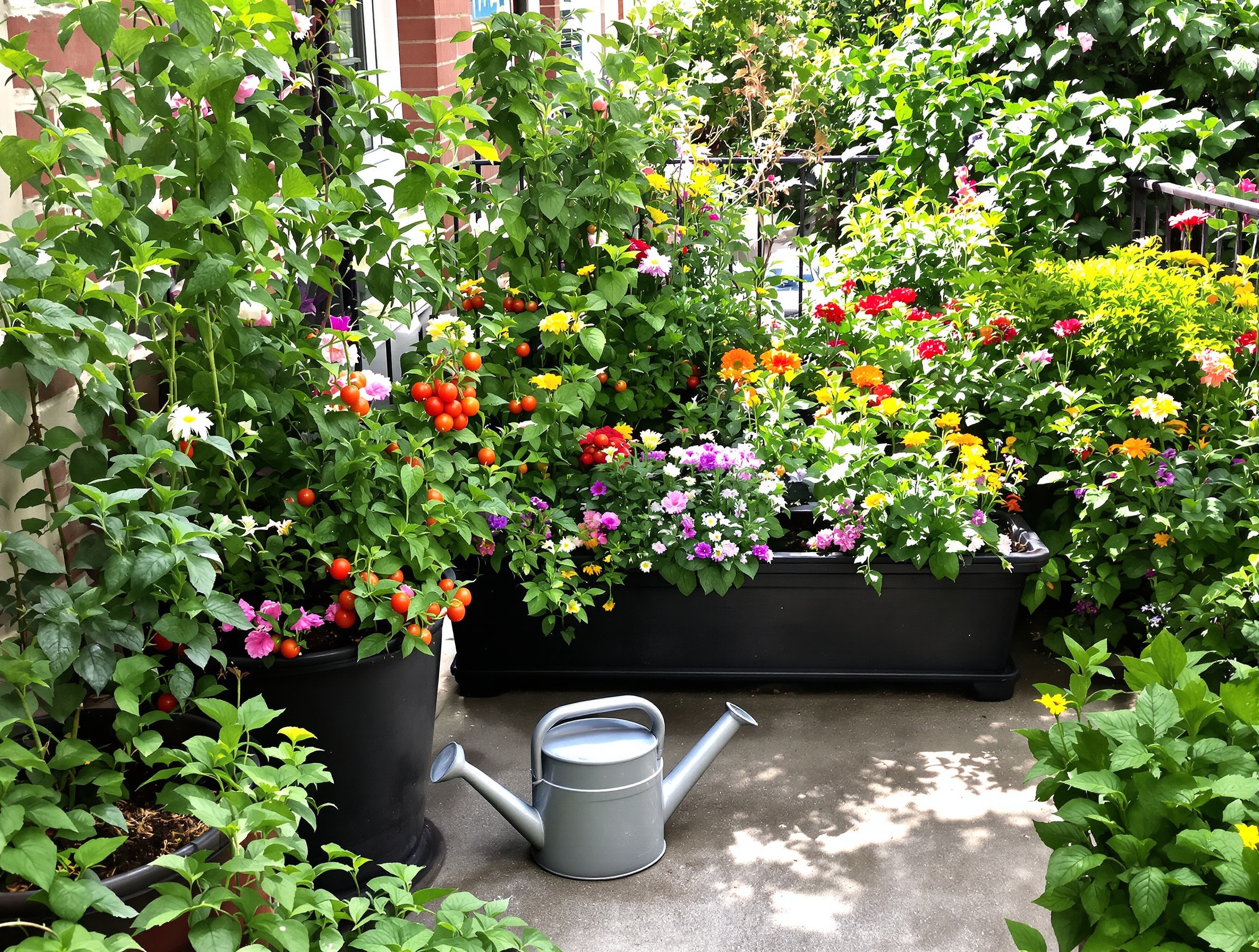 Balcon urbain fleuri et potager, ambiance décontractée.