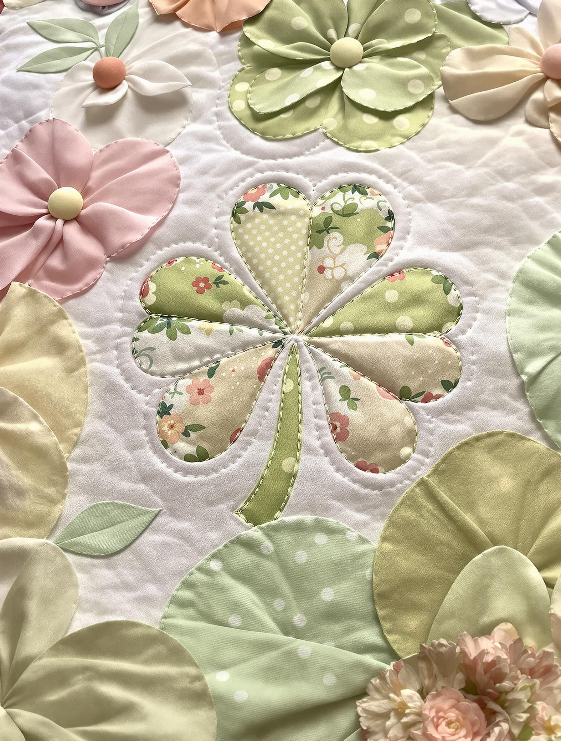 Bloc patchwork Lucky Clover entouré de yoyos fleurs, tissus pastels