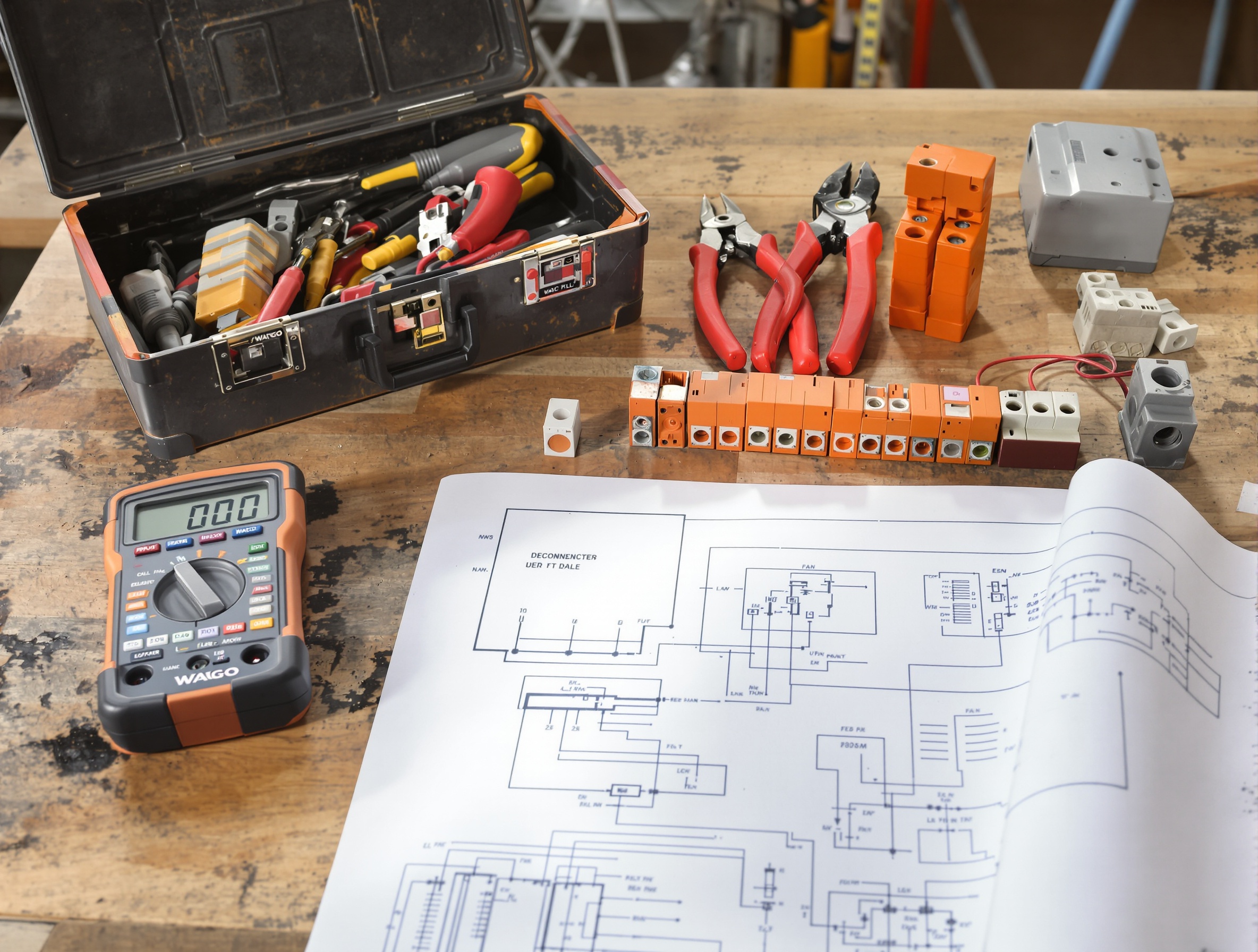 Une boîte à outils bien remplie avec les essentiels pour l'installation électrique : tournevis isolés, pince coupante, multimètre, et boîtes de connecteurs Wago.