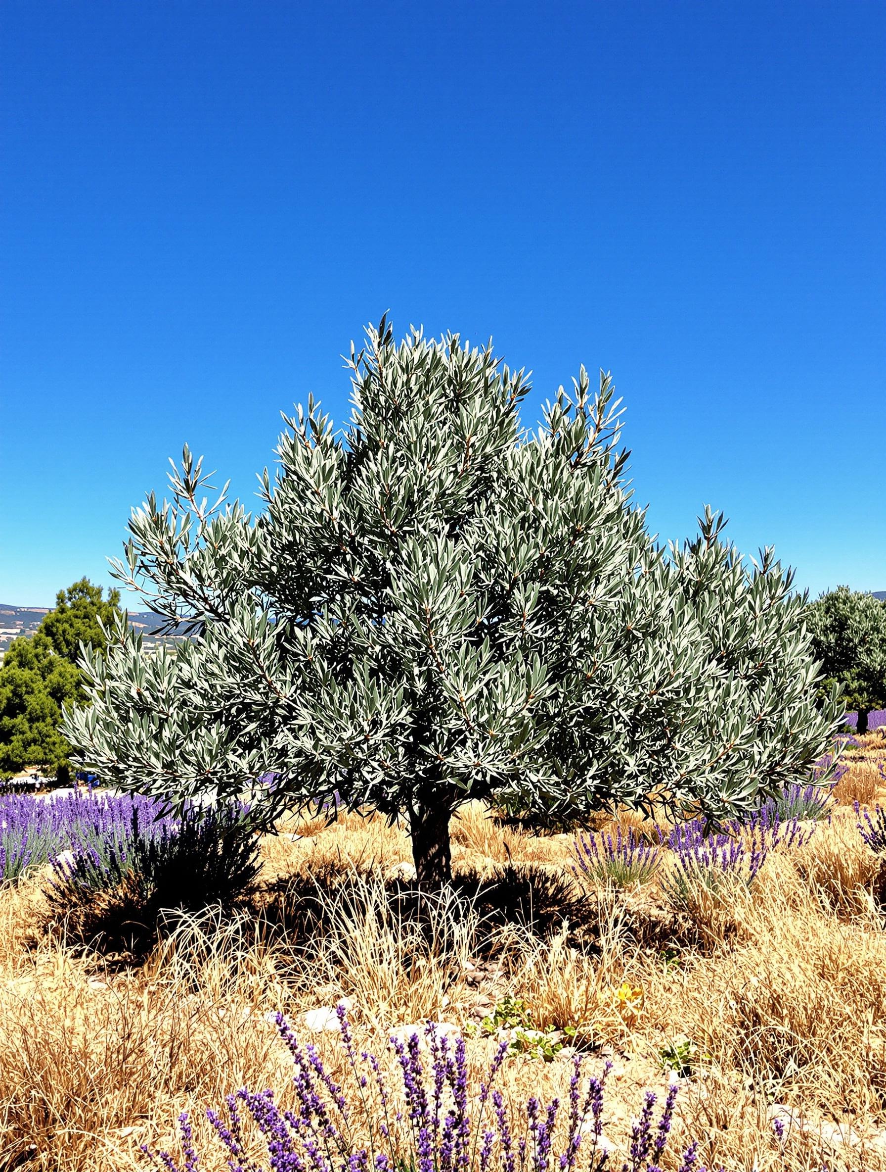 Bosquet mixte avec oliviers, pins nains et lavandes pour une ambiance méditerranéenne