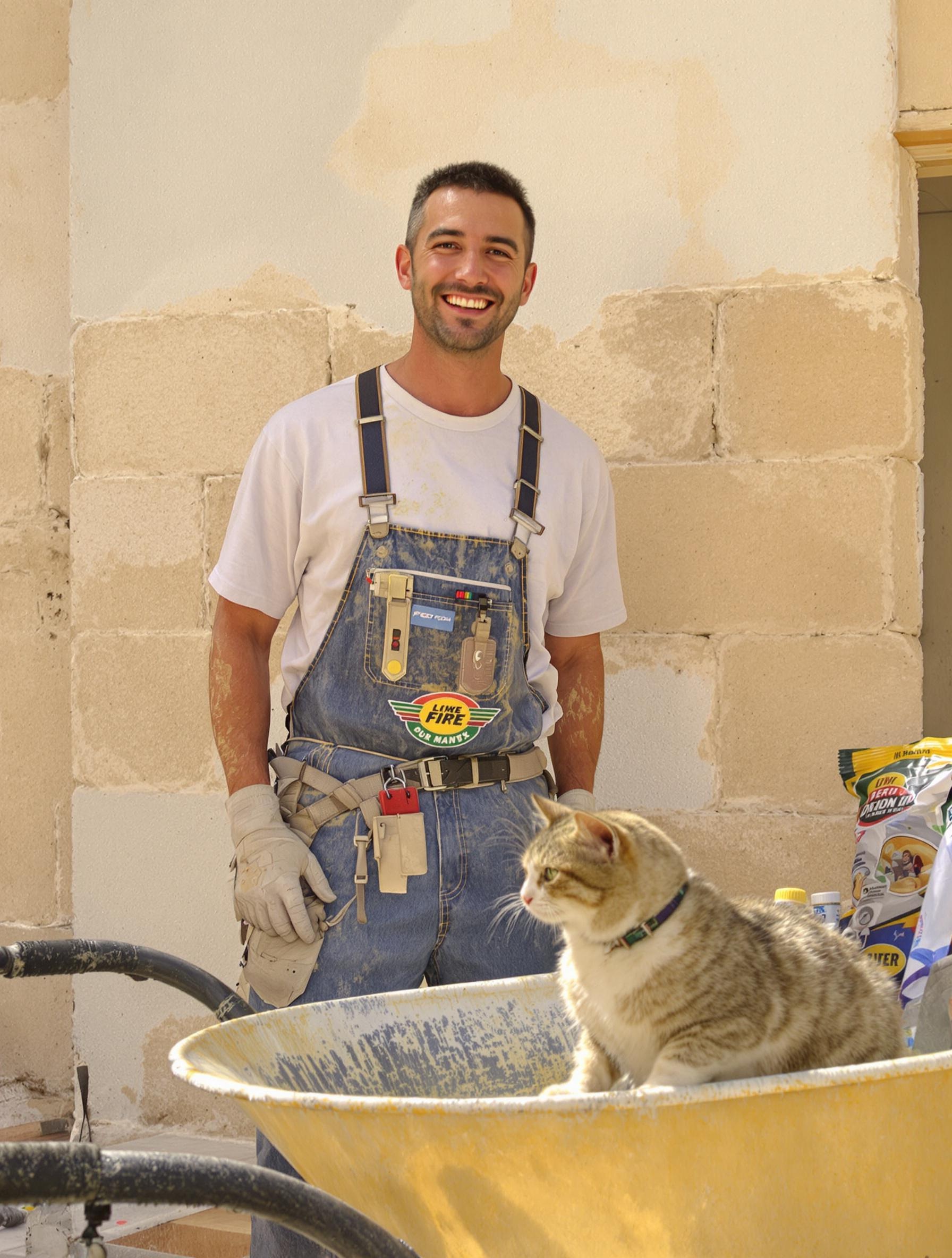 bricoleur amateur devant mur rénové avec chat sur brouette