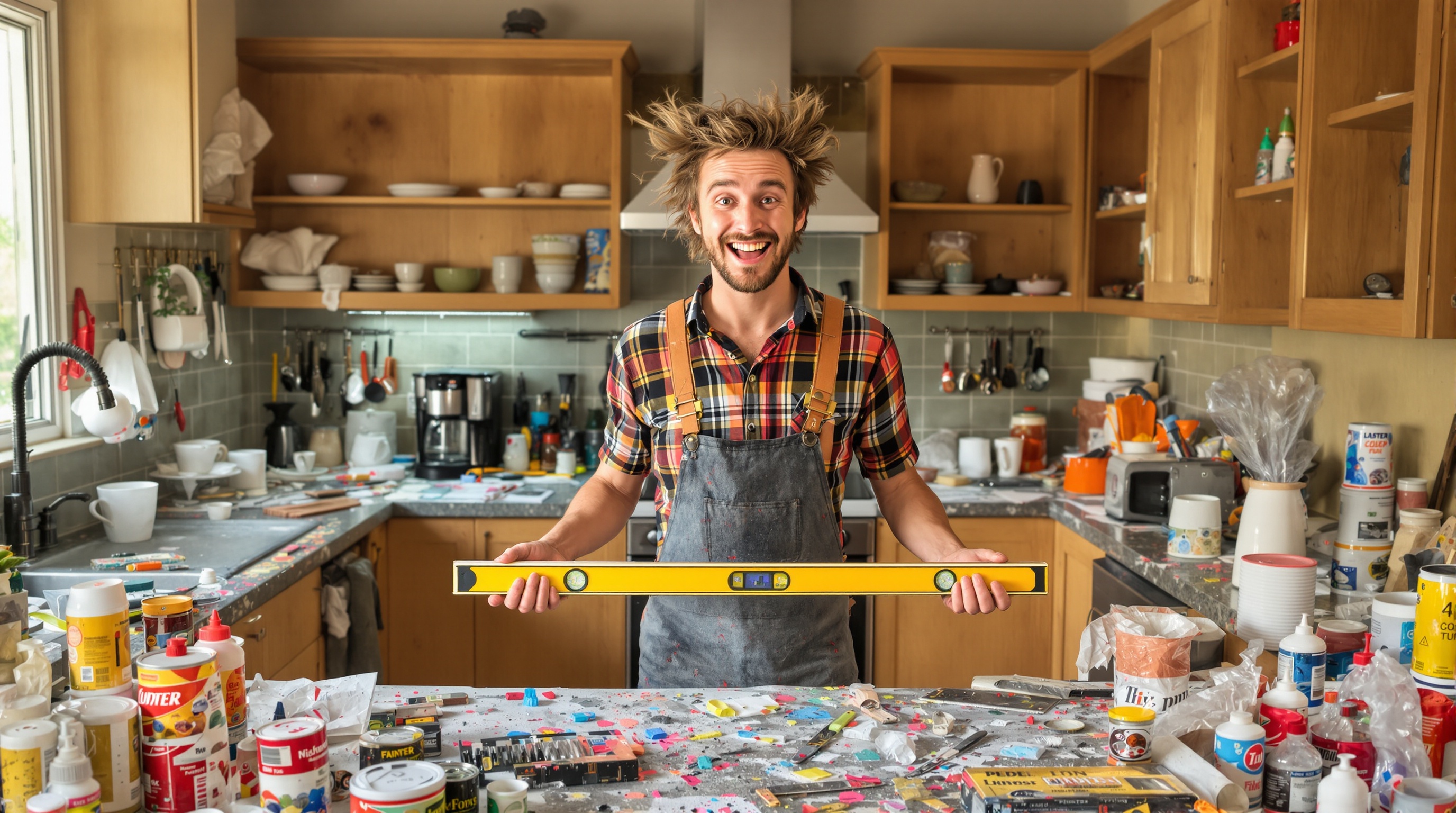 Bricoleur décoiffé au milieu d'une cuisine en chantier, niveau à bulle tordu, cafetière sur le plan de travail, éclats de peinture partout.