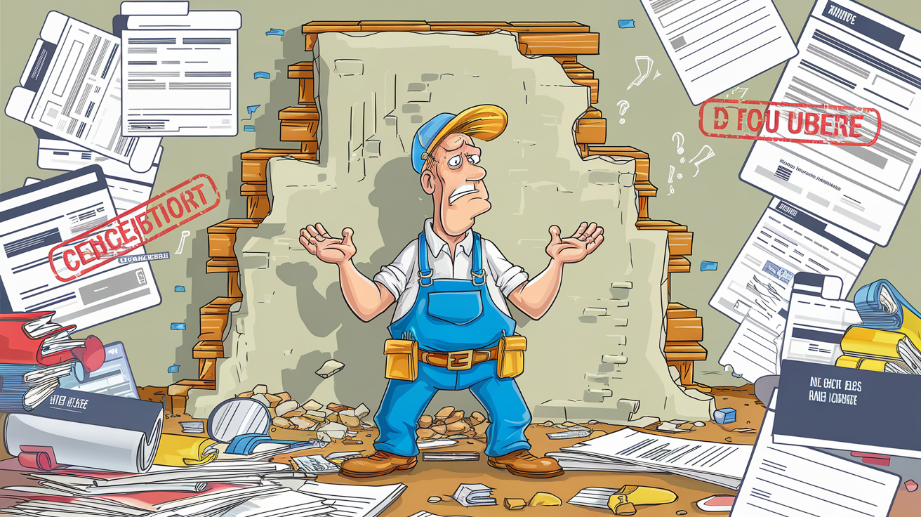 bricoleur dépassé par la paperasse devant un mur porteur