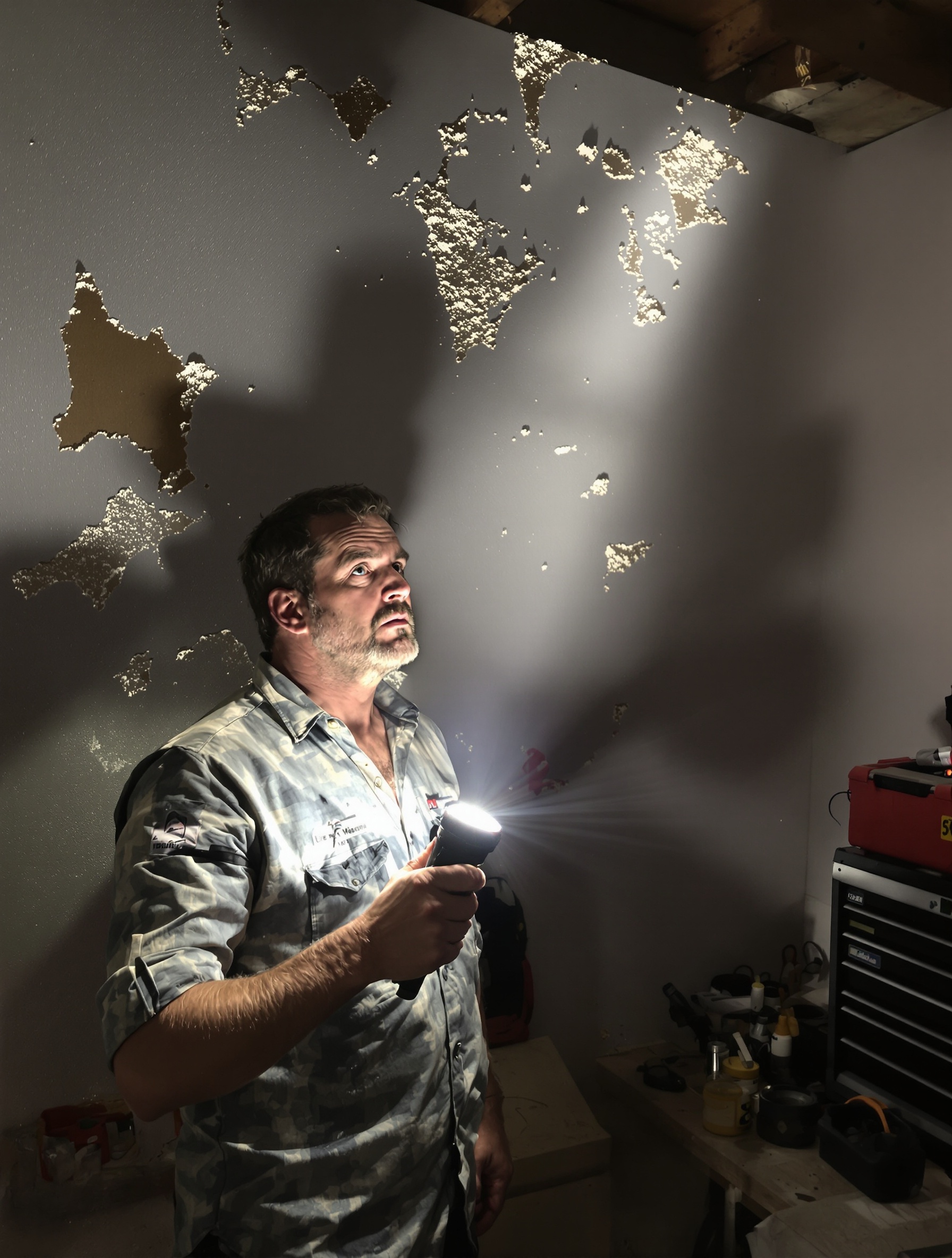 Un bricoleur inspecte un mur de placo à la lumière rasante, défauts bien visibles.