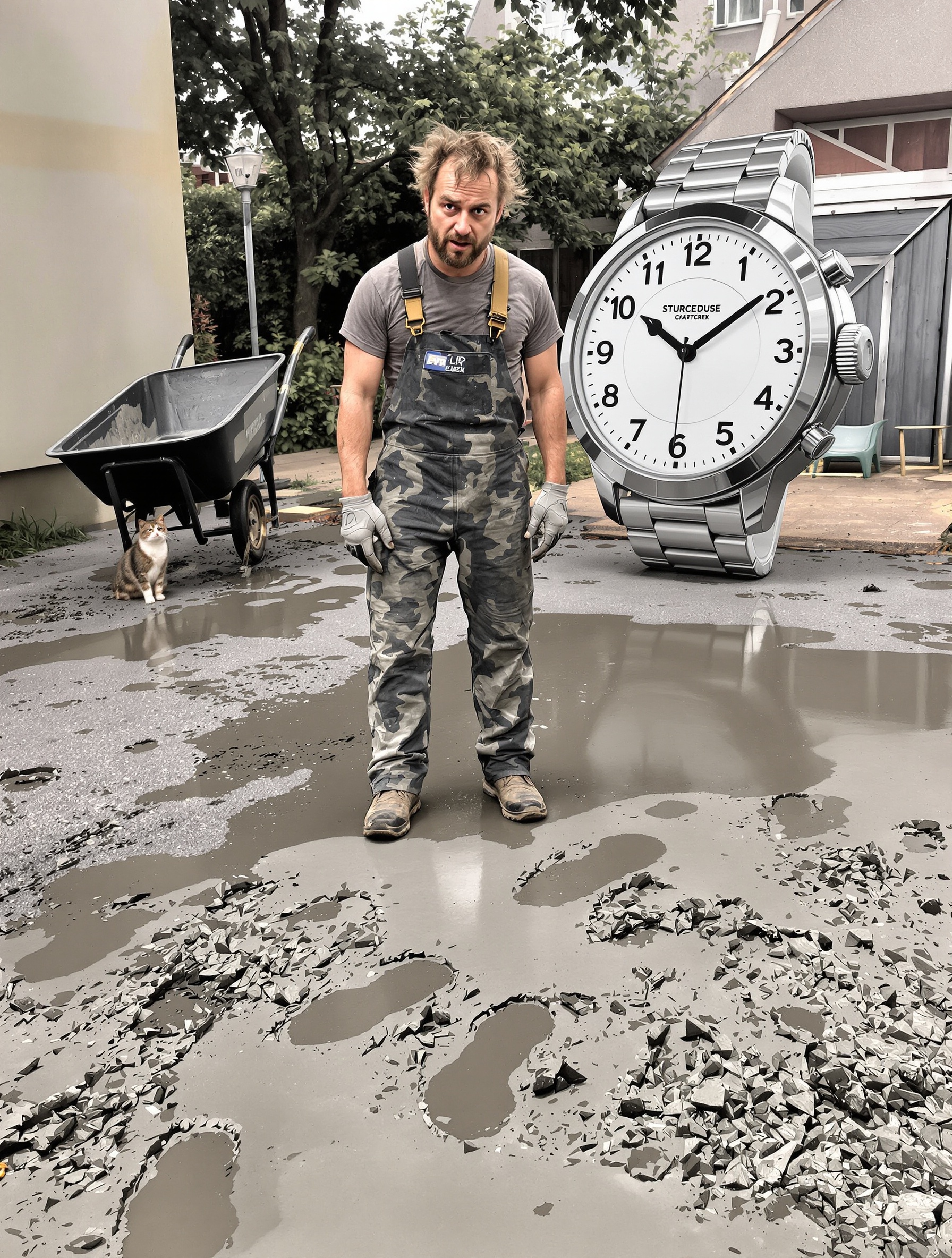 Bricoleur dépité trace chaussures béton et chat médusé
