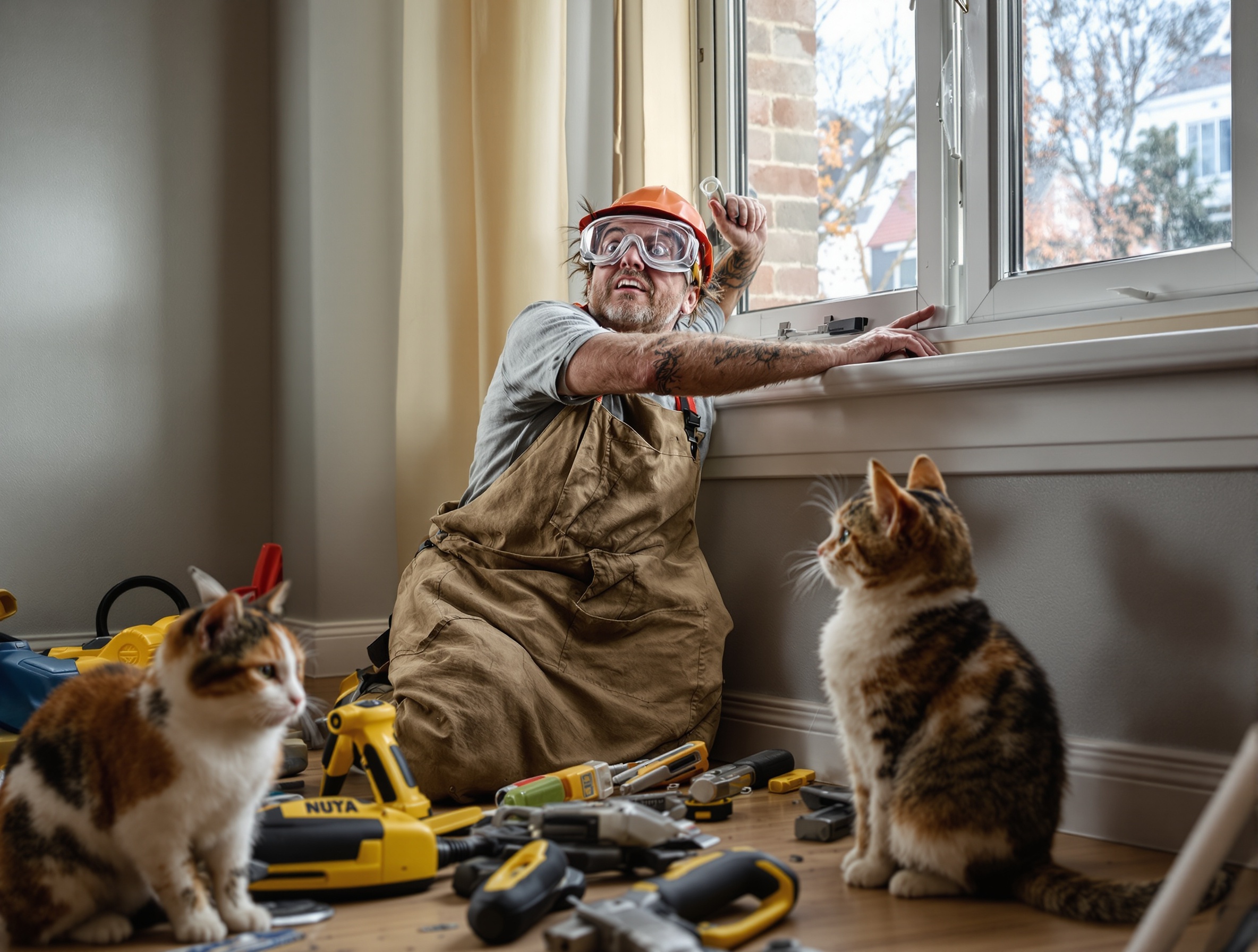 Bricoleur décalé installant une fenêtre, chat pensant à une piste de luge