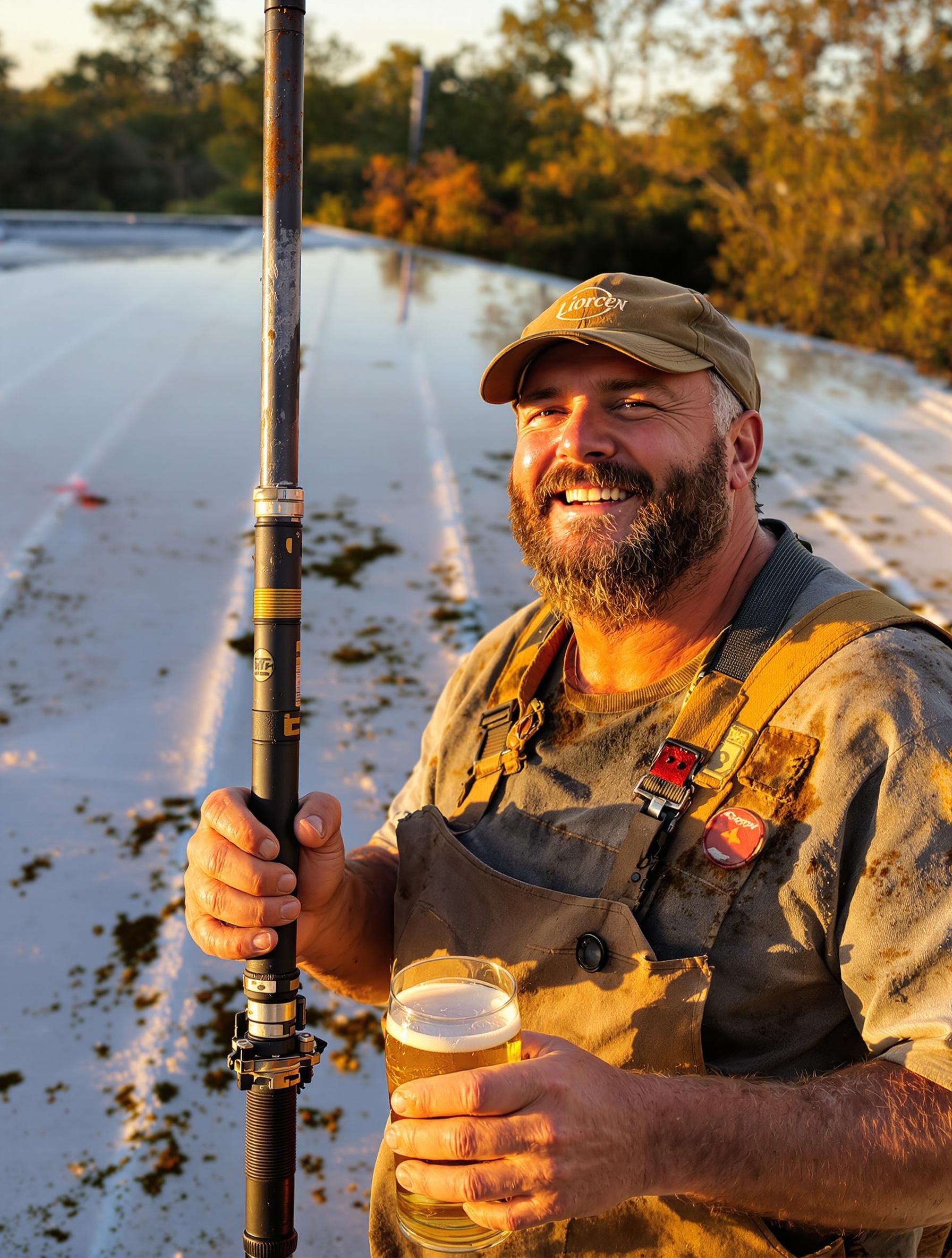 Bricoleur fier avec une perche télescopique, toiture propre, bière à la main, fin de chantier