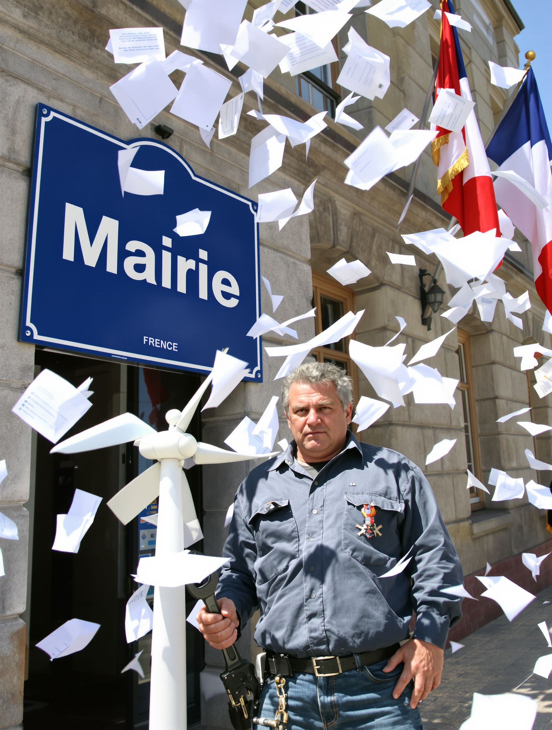 Bricoleur grincheux devant une mairie avec une éolienne miniature et de la paperasse