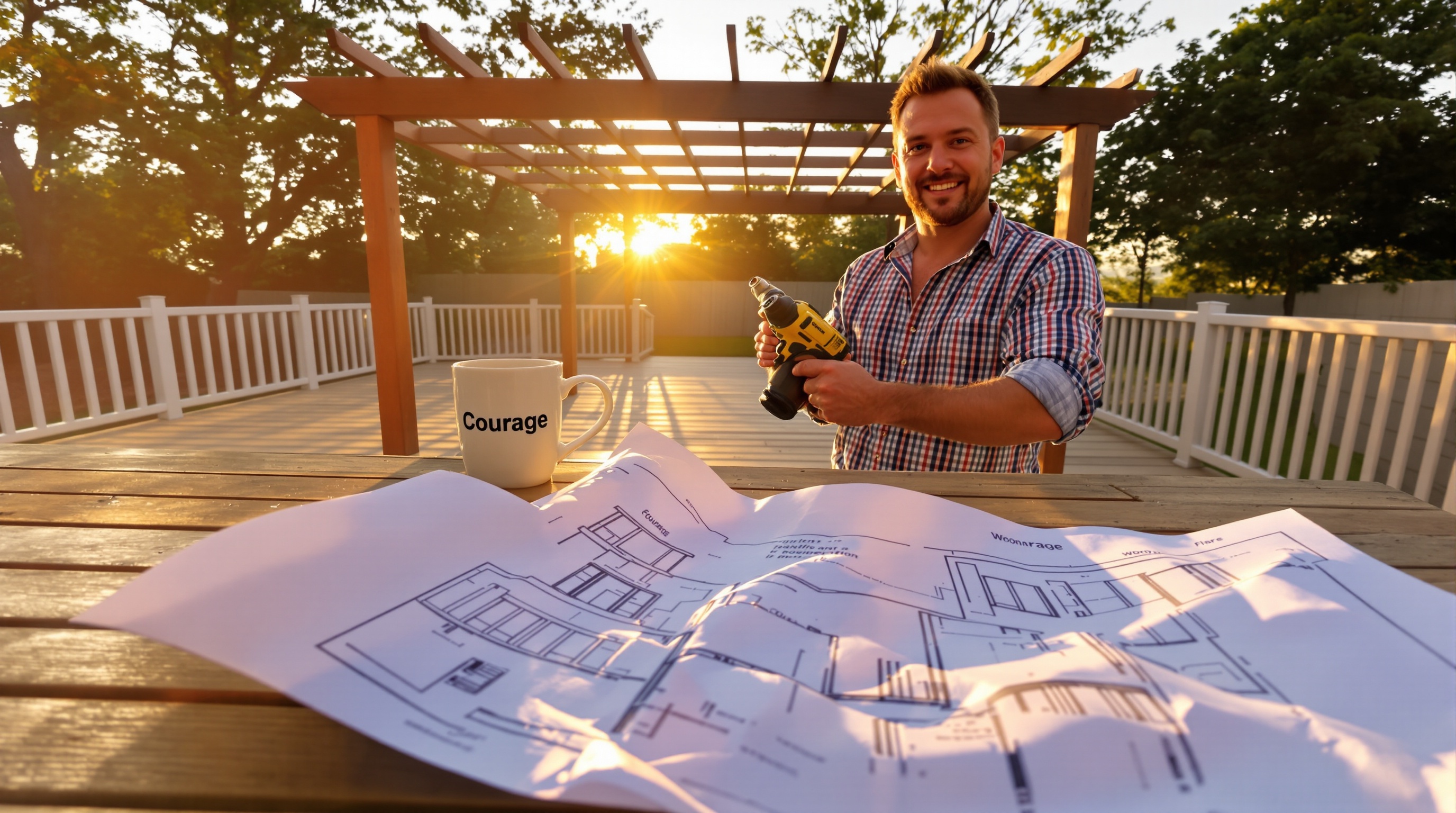 bricoleur motivé devant terrasse vide, plan pergola, soleil et mug Courage