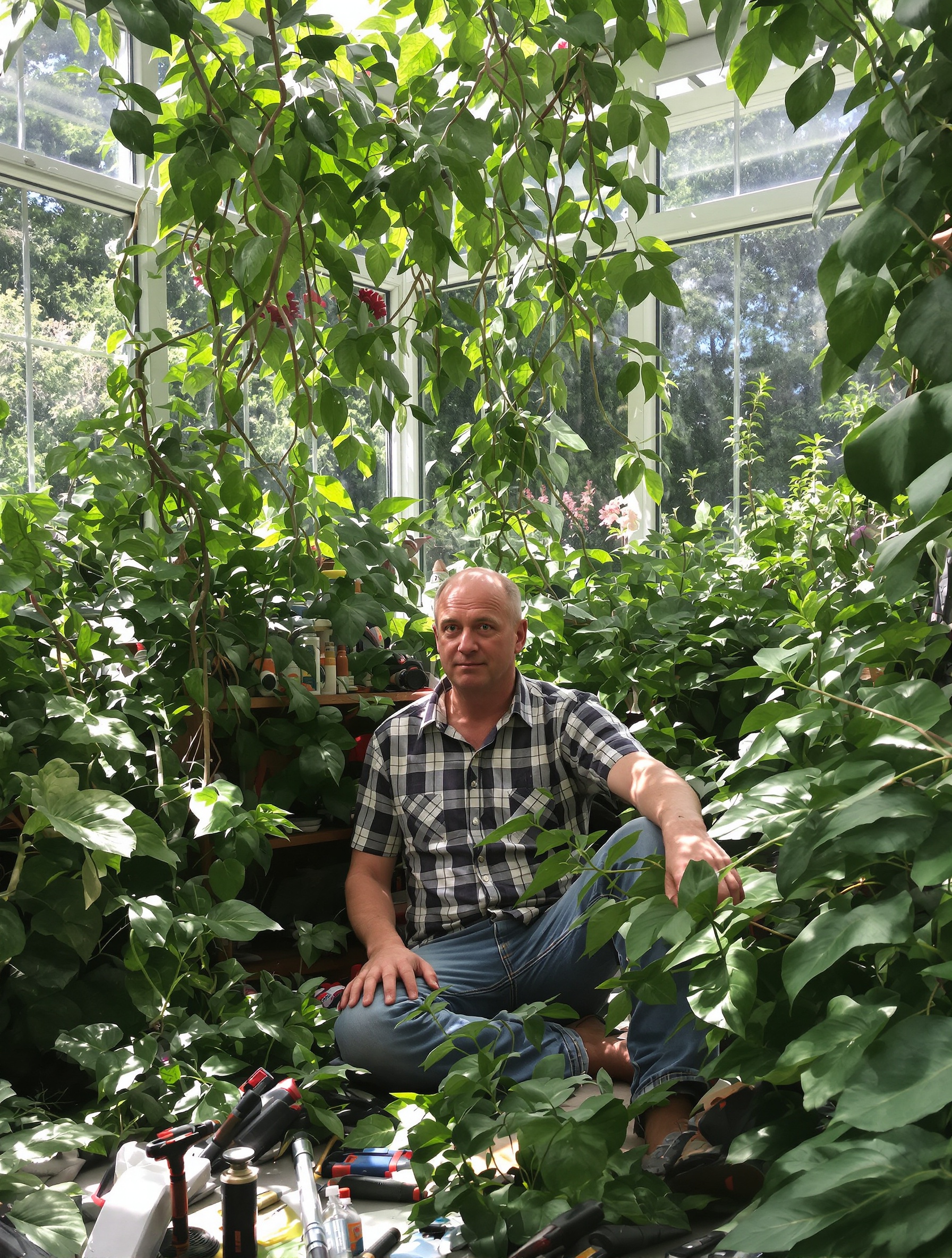 Un bricoleur dépassé dans une véranda transformée en jungle