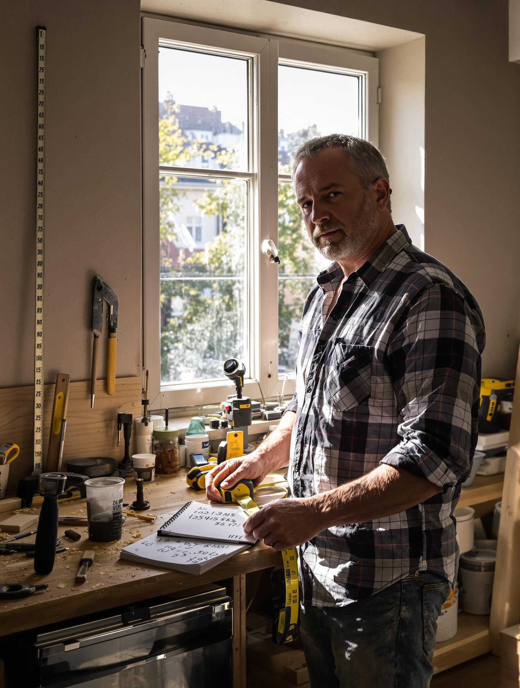 Bricoleur amateur avec ses outils : mètre ruban, crayon et bloc-notes.